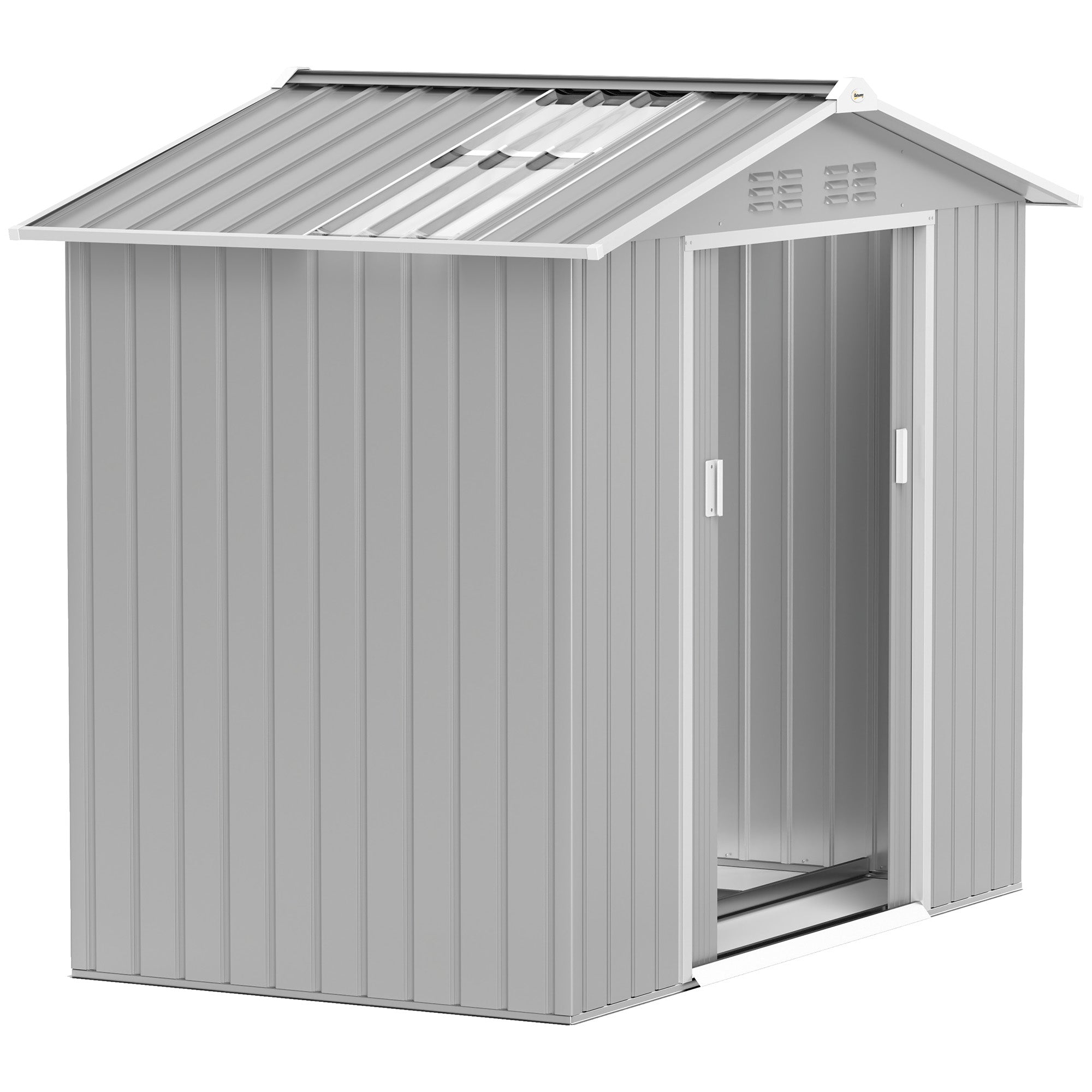 Outsunny Cobertizo de Jardín 2,42m² con Base de Refuerzo Sin Suelo 213x130x185 cm Caseta de Jardín Exterior con Puertas Correderas Claraboya 4 Ventanas para Almacenamiento de Herramientas Gris Plata
