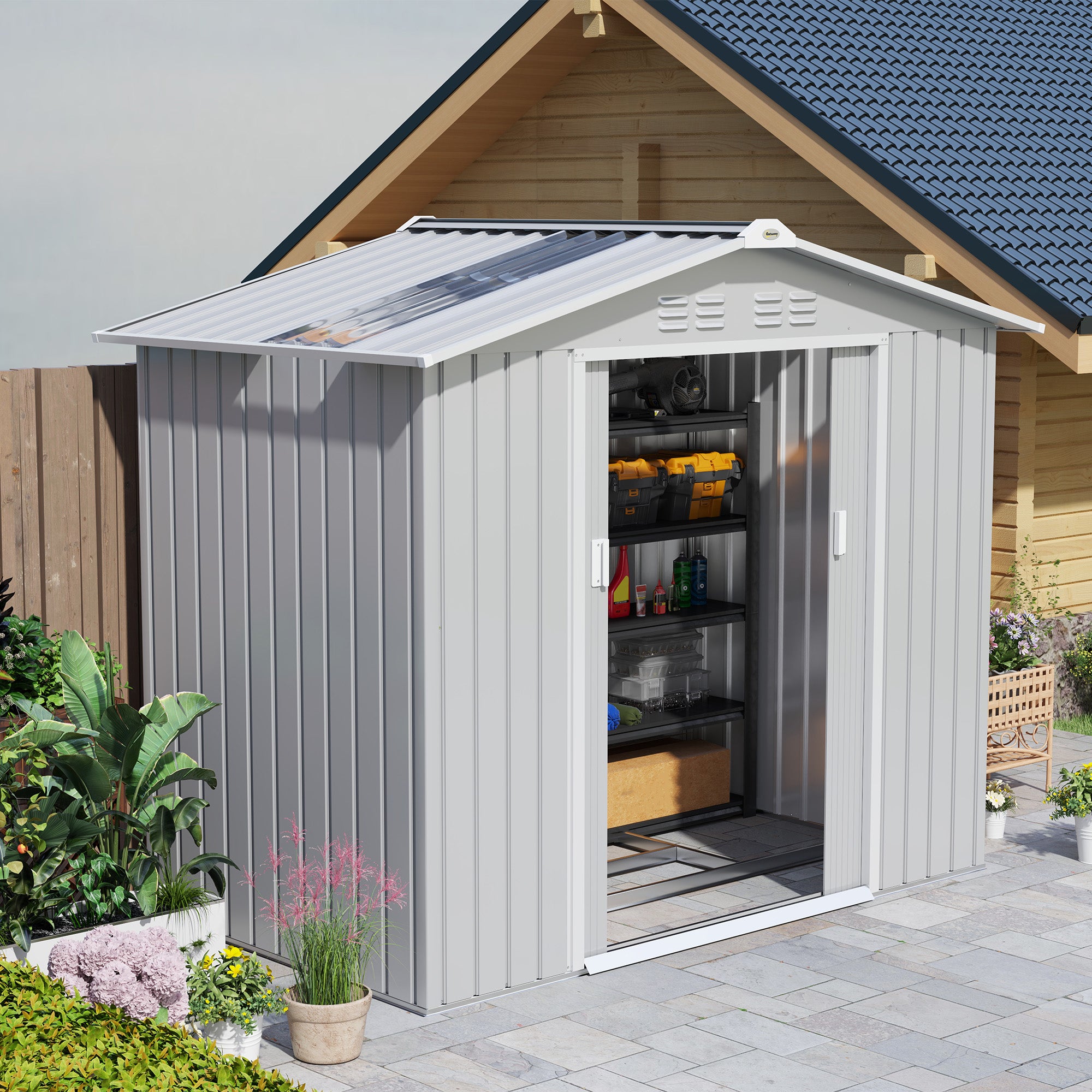 Outsunny Cobertizo de Jardín 2,42m² con Base de Refuerzo Sin Suelo 213x130x185 cm Caseta de Jardín Exterior con Puertas Correderas Claraboya 4 Ventanas para Almacenamiento de Herramientas Gris Plata