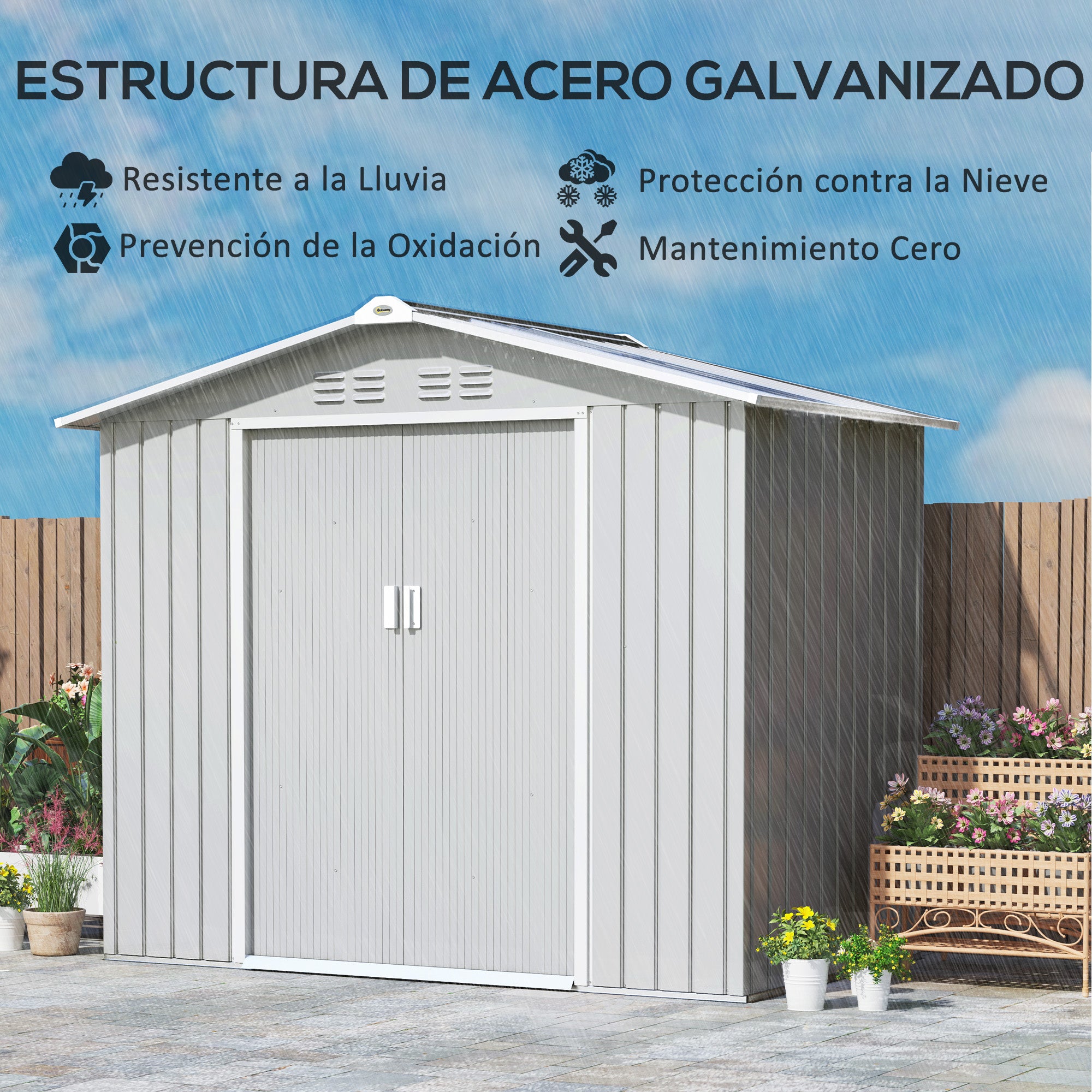 Outsunny Cobertizo de Jardín 2,42m² con Base de Refuerzo Sin Suelo 213x130x185 cm Caseta de Jardín Exterior con Puertas Correderas Claraboya 4 Ventanas para Almacenamiento de Herramientas Gris Plata