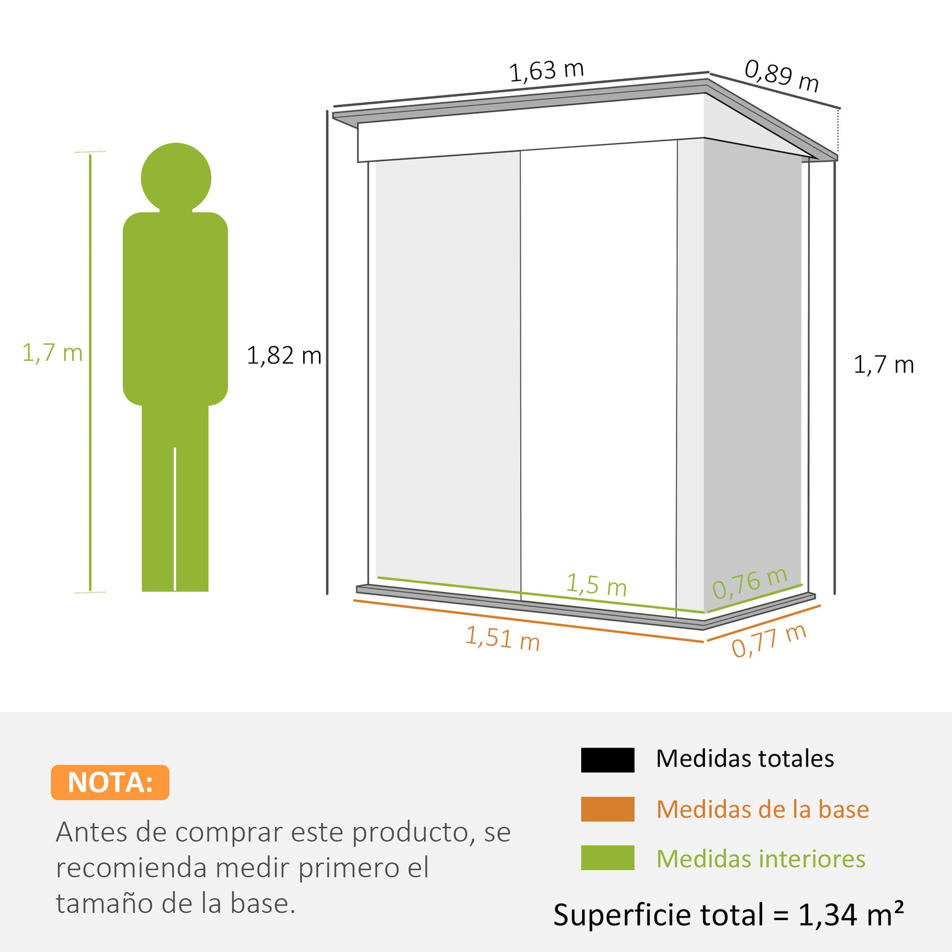 Outsunny Caseta de Jardín Exterior 1,16 m² 163x89x182 cm Cobertizo de Jardín Exterior Metálico con Puerta Corredera y Techo Inclinado Armario para Jardín Terraza Patio Verde