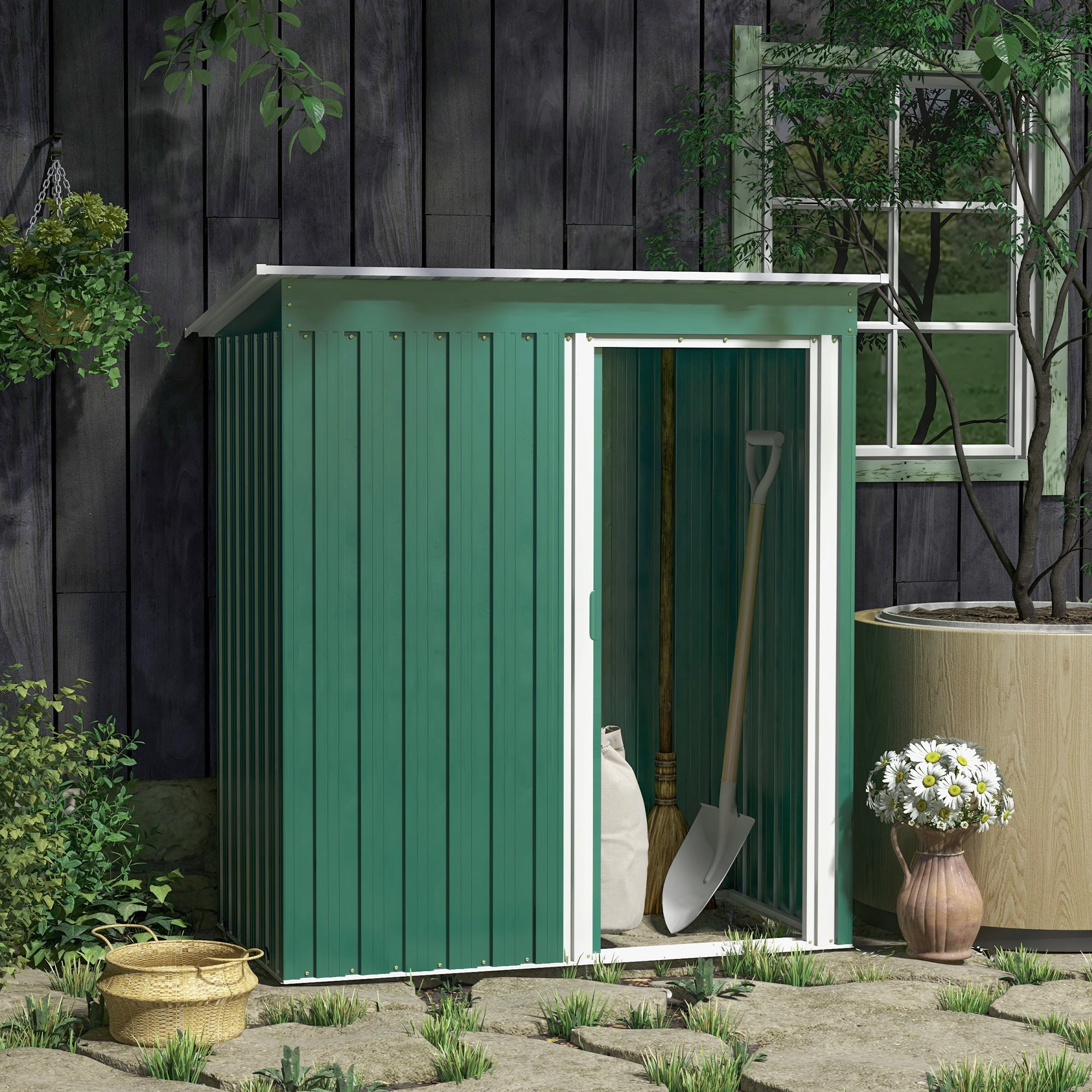 Outsunny Caseta de Jardín Exterior 1,16 m² 163x89x182 cm Cobertizo de Jardín Exterior Metálico con Puerta Corredera y Techo Inclinado Armario para Jardín Terraza Patio Verde