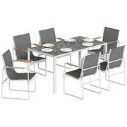 Outsunny Conjunto de Mesa y Sillas Jardín de 7 Piezas, Muebles Jardín Exterior con Mesa de Vidrio Templado, 6 Sillas Transpirables Decorativas, Marco de Acero Resistente a la Intemperie, Blanco y Gris