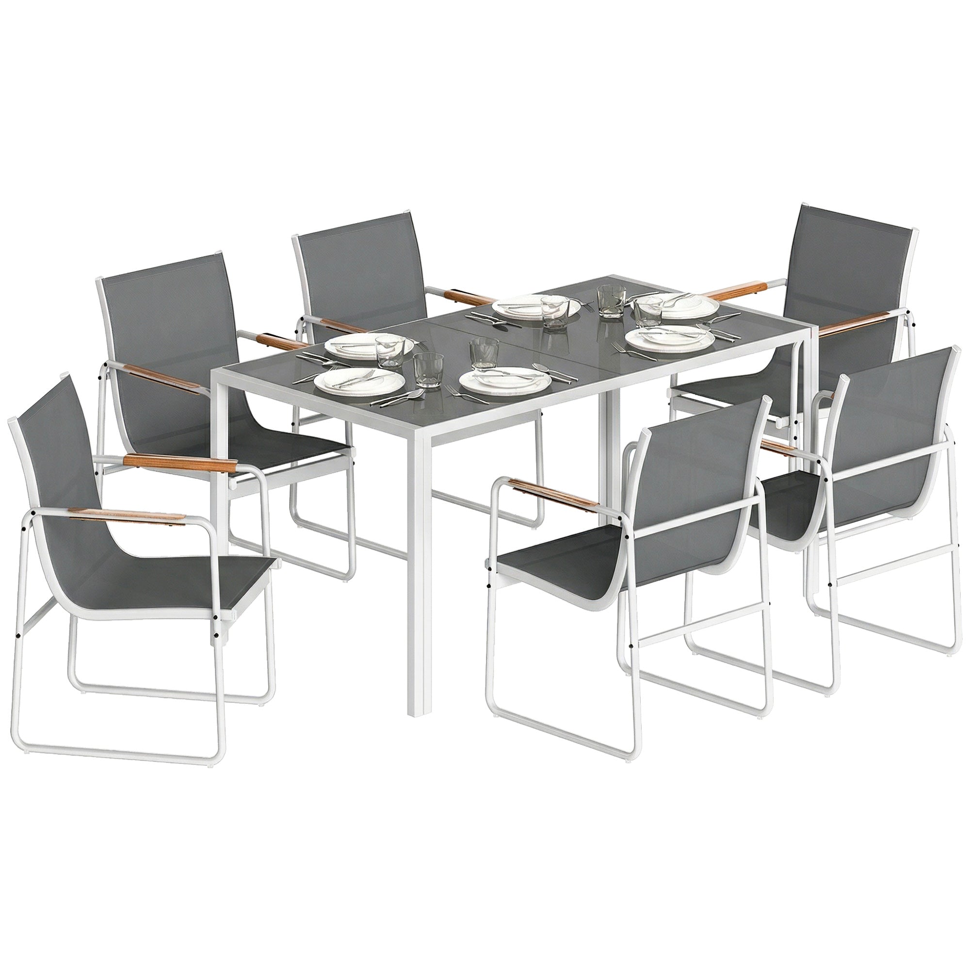 Outsunny Conjunto de Mesa y Sillas Jardín de 7 Piezas, Muebles Jardín Exterior con Mesa de Vidrio Templado, 6 Sillas Transpirables Decorativas, Marco de Acero Resistente a la Intemperie, Blanco y Gris