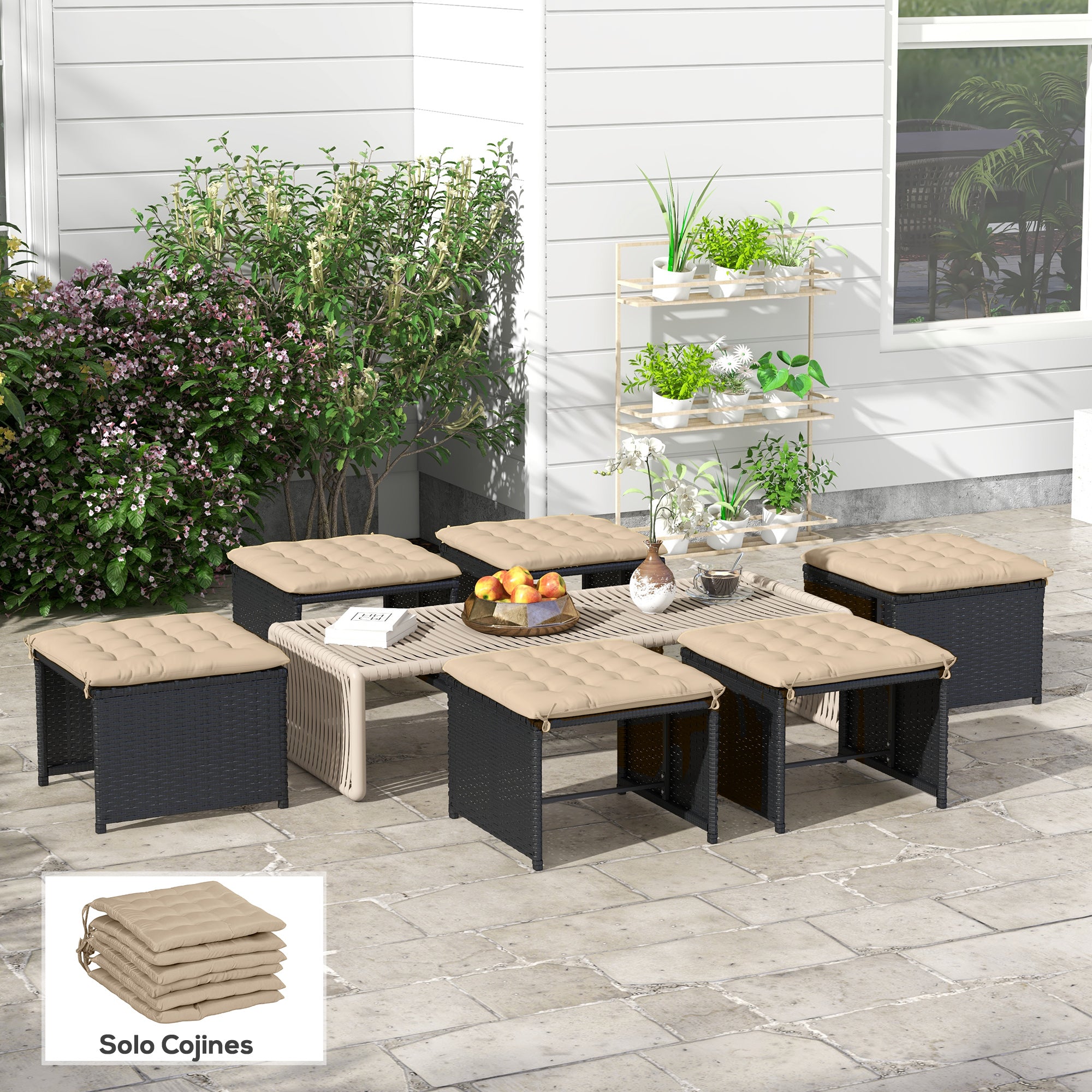 Outsunny Juego de 6 Cojines para Sillas de Comedor, 40x40 cm, 6 Piezas, Cojines para Sillas de Jardín Acolchados con Cintas y Fundas Extraíbles, Caqui