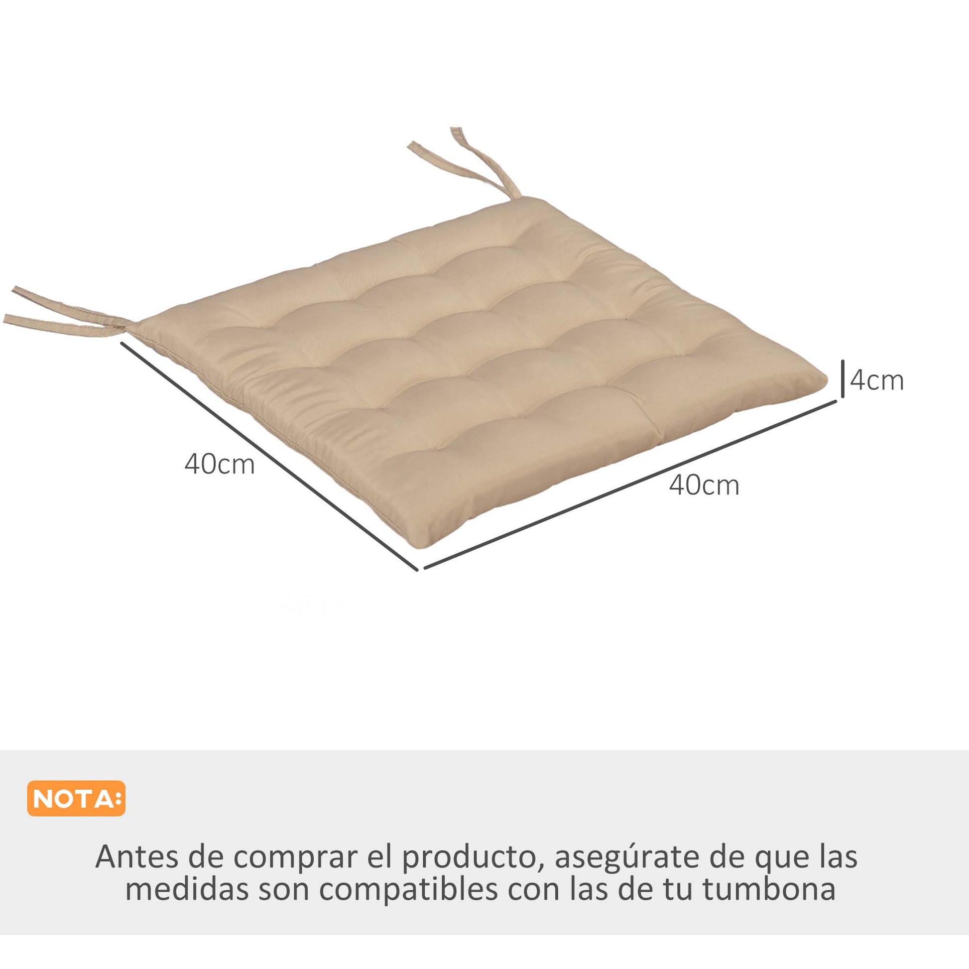 Outsunny Juego de 6 Cojines para Sillas de Comedor, 40x40 cm, 6 Piezas, Cojines para Sillas de Jardín Acolchados con Cintas y Fundas Extraíbles, Caqui