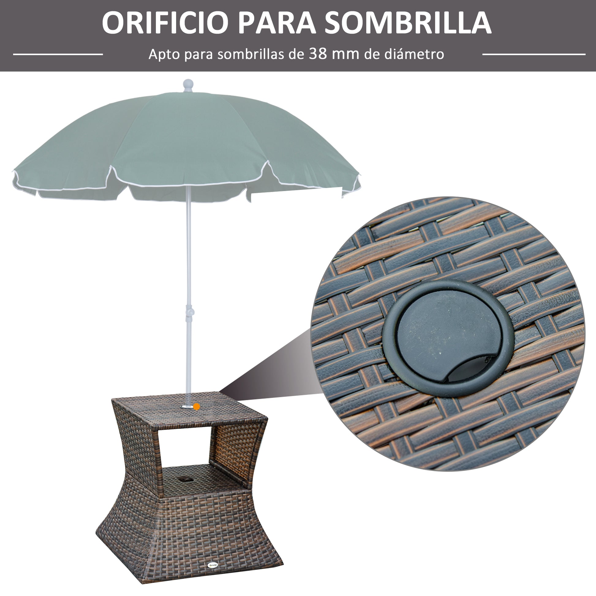 Outsunny Mesa de Centro Ratán con Agujero para Sombrilla Mesita de Café Té Mesa Auxiliar para Exterior Terraza Patio 54x54x55cm