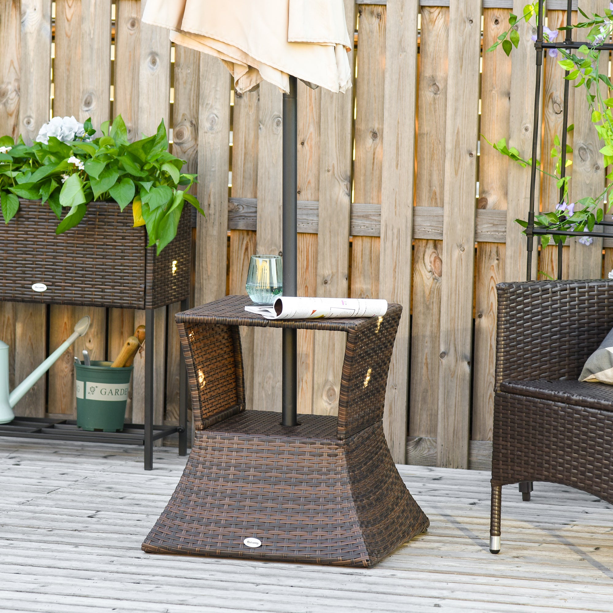 Outsunny Mesa de Centro Ratán con Agujero para Sombrilla Mesita de Café Té Mesa Auxiliar para Exterior Terraza Patio 54x54x55cm