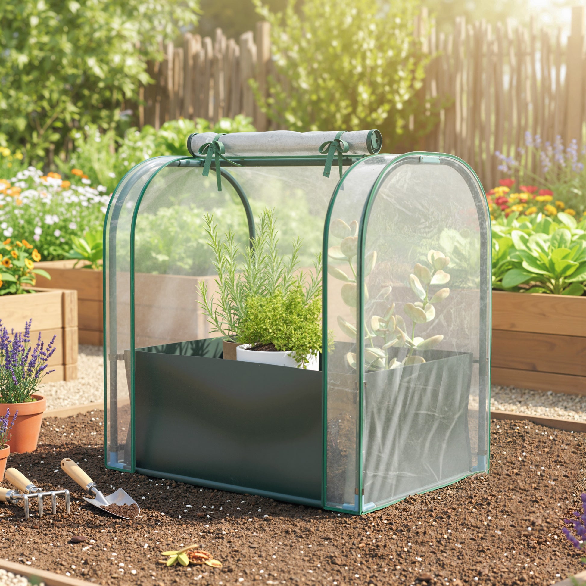 Outsunny Mini Invernadero con Bolsa para Plantar, 68x50x70 cm, Invernadero Pequeño Portátil para Interior y Exterior con Puerta Enrollable, Marco Acero, Impermeable, para Jardín, Balcón o Patio, Verde
