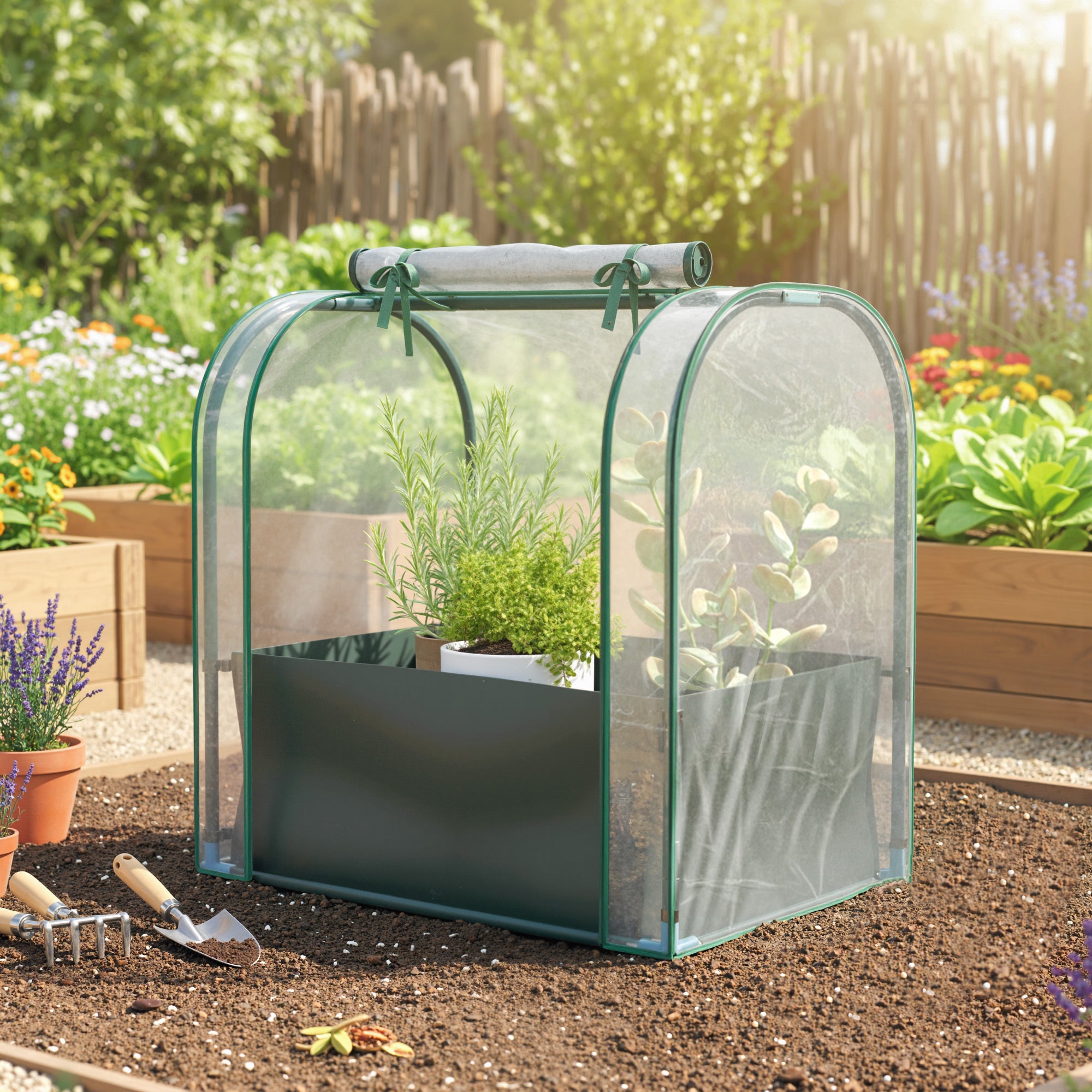 Outsunny Mini Invernadero con Bolsa para Plantar, 68x50x70 cm, Invernadero Pequeño Portátil para Interior y Exterior con Puerta Enrollable, Marco Acero, Impermeable, para Jardín, Balcón o Patio, Verde