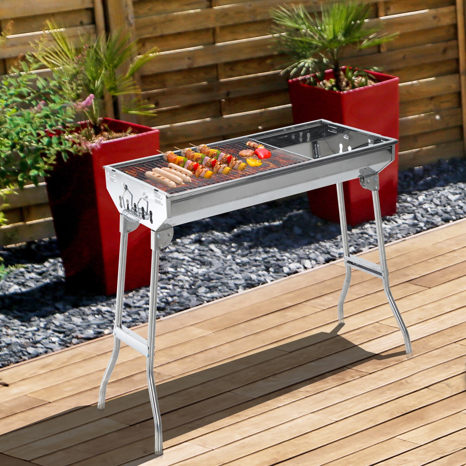 Outsunny Barbacoa Portátil y Plegable de Acero Inoxidable con Parrilla de Carbón BBQ de Picnic Camping Jardín 73x33x71 cm Plata