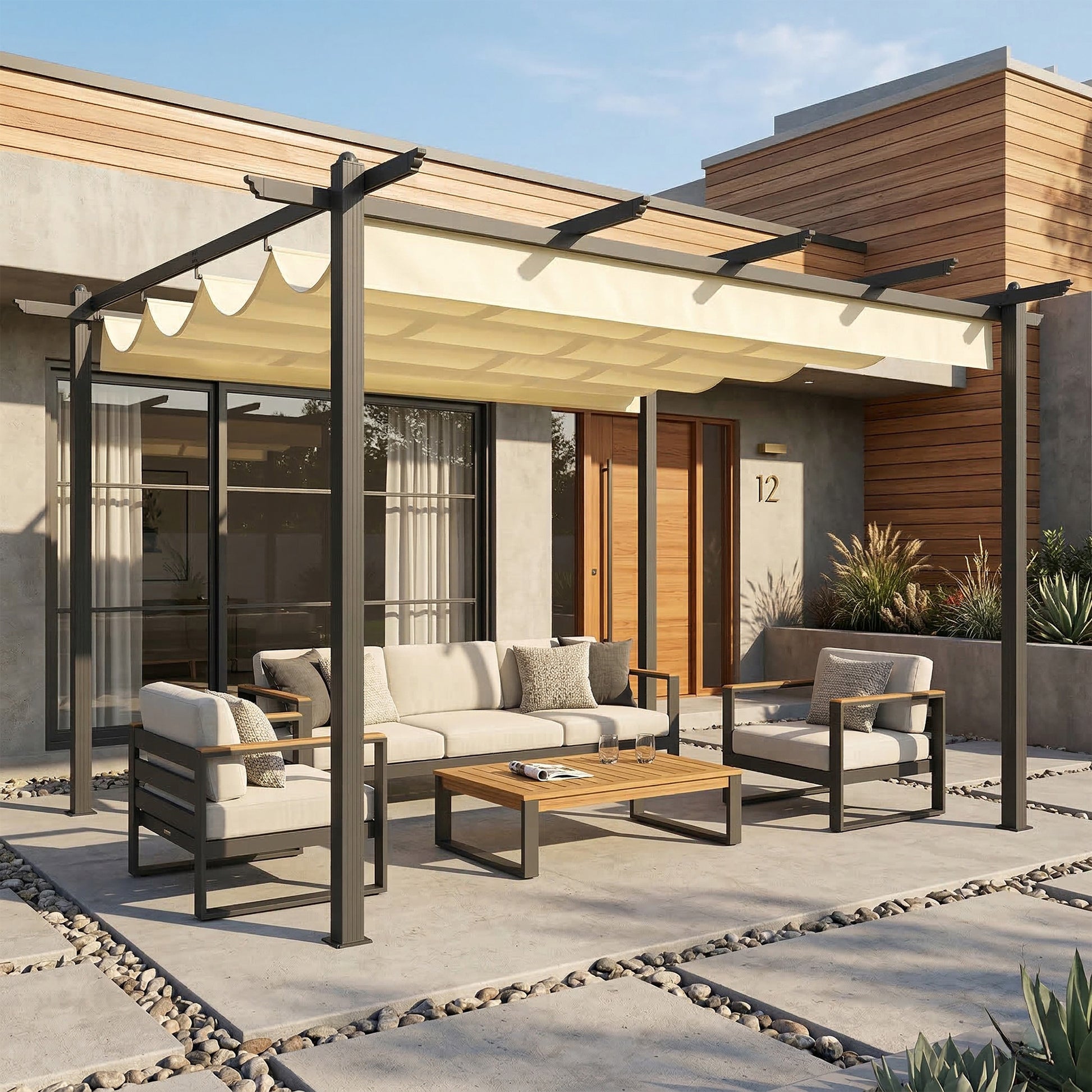 Outsunny Pérgola de Jardín 4x3 m con Techo Retráctil, Cenador de Jardín con Estructura de Aluminio, UPF30+, Orificios de Drenaje, Pabellón para Exterior, Patio, Terraza, Crema
