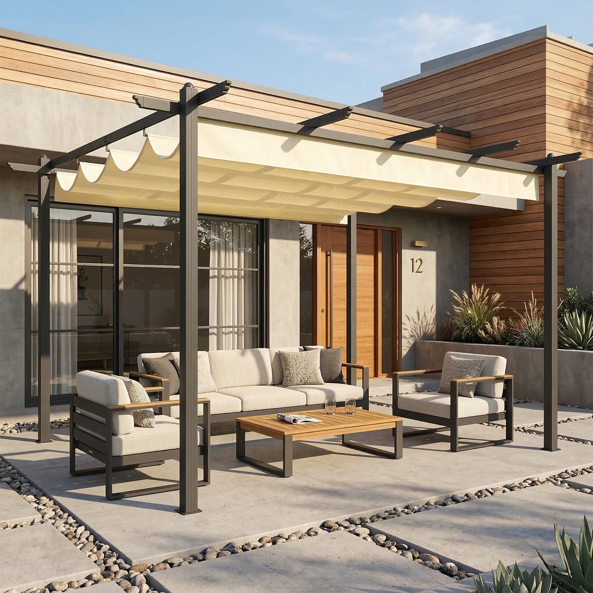 Outsunny Pérgola de Jardín 4x3 m con Techo Retráctil, Cenador de Jardín con Estructura de Aluminio, UPF30+, Orificios de Drenaje, Pabellón para Exterior, Patio, Terraza, Crema