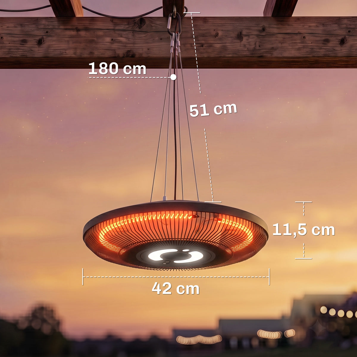 Outsunny Calefactor por Infrarrojos para Terraza Colgante 2000 W con Luz LED, Estufa Exterior Eléctrica con IP65, Control por Táctil/Mando a Distancia, 2 Niveles de Calor, Temporizador 24 h, Negro