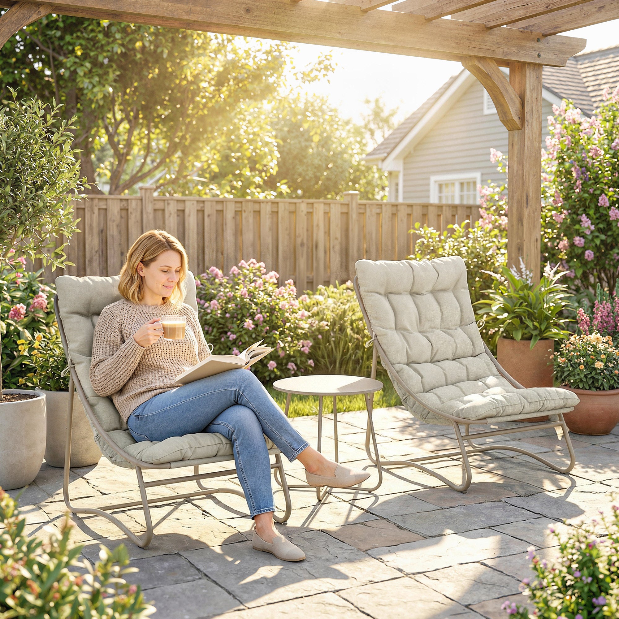 Outsunny Conjunto de Mesa y Sillas de Terraza Exterior de 3 Piezas, Muebles de Jardín Exterior con Cojines, 2 Sillas Lounge Transpirable, Mesa de Café y Marco de Acero, para Patio, Balcón, Gris Claro
