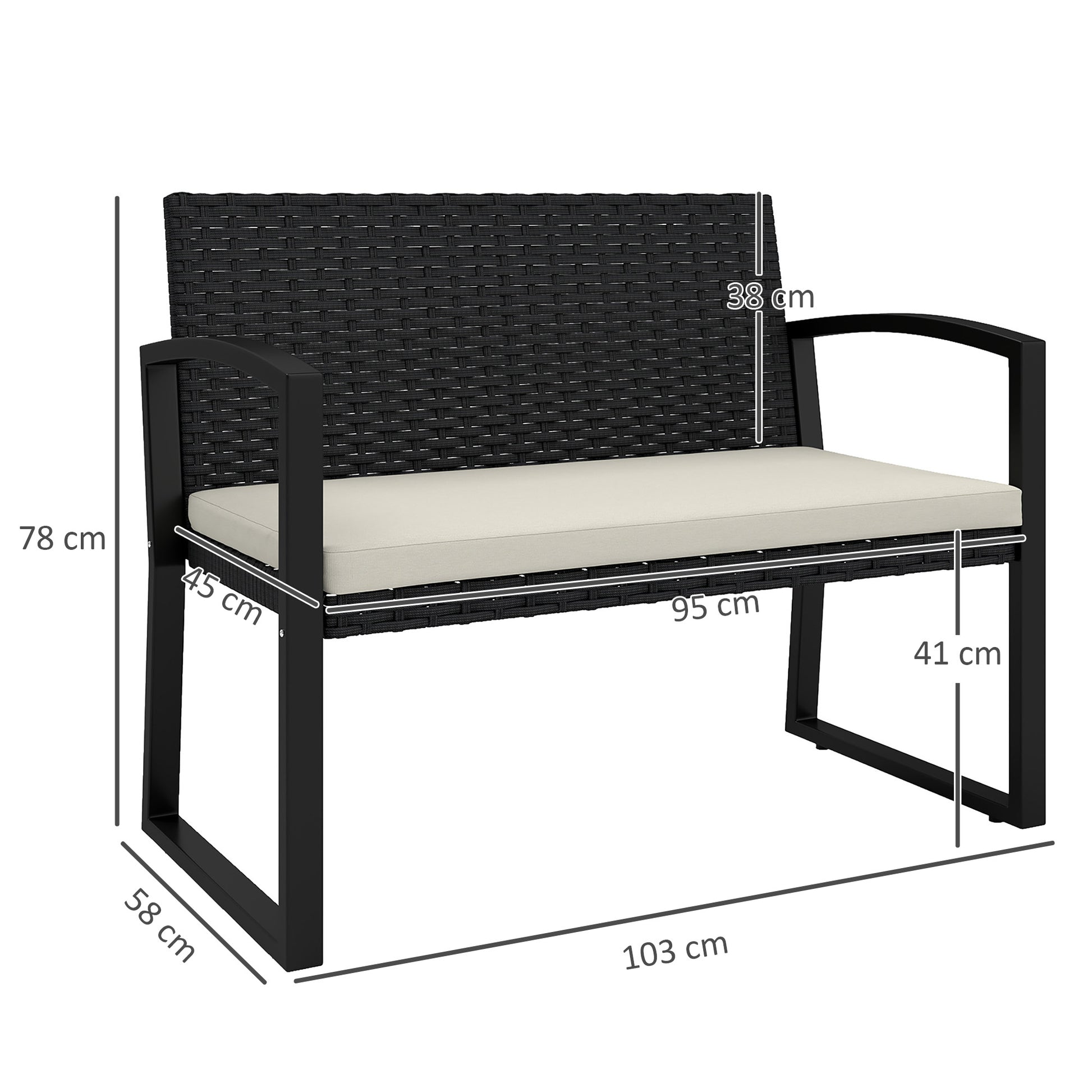 Outsunny Banco de Jardín de Ratán Sintético de 2 Plazas Banco de Exterior con Cojín y Reposabrazos Carga 240 kg para Terraza Patio 103x58x78 cm Negro y Beige