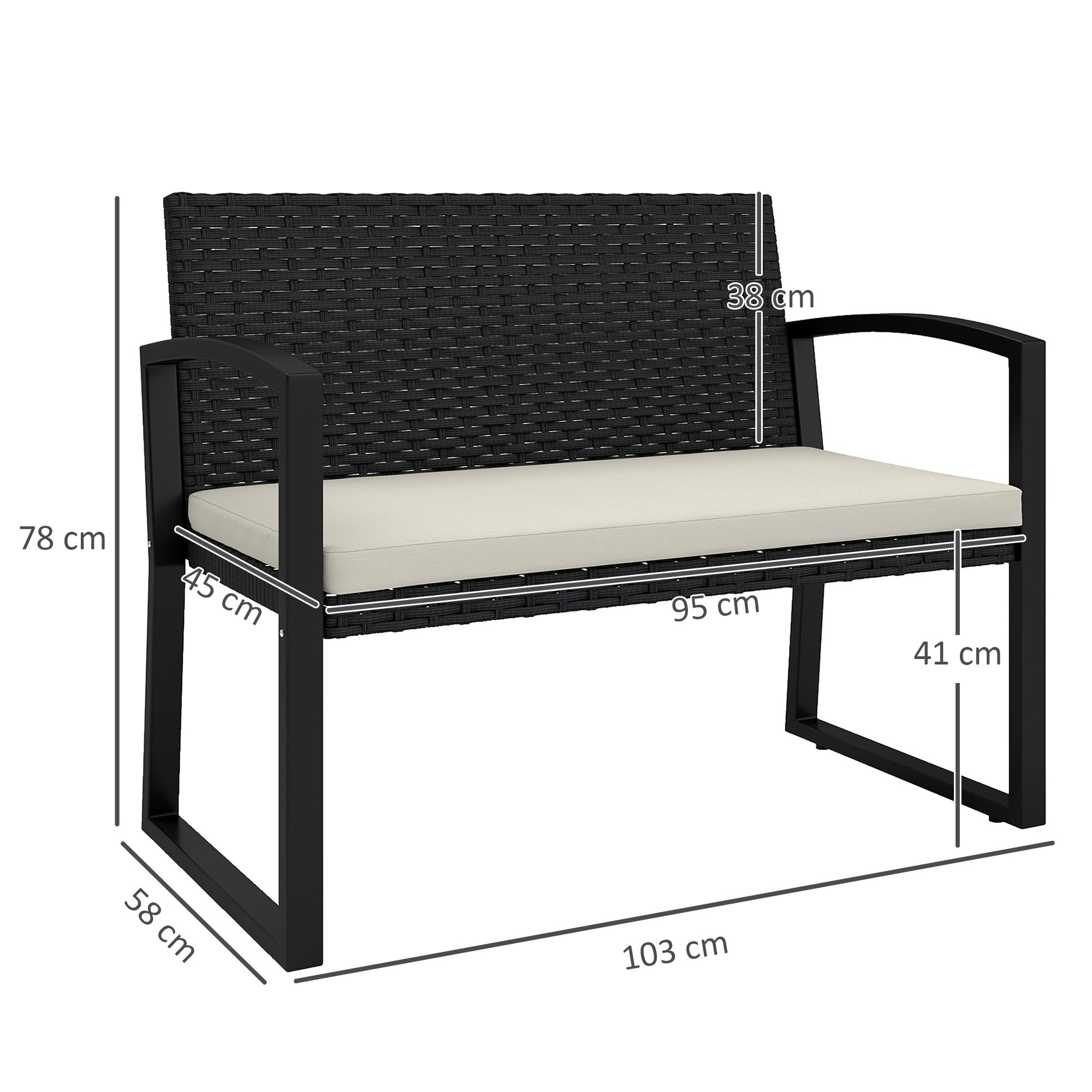 Outsunny Banco de Jardín de Ratán Sintético de 2 Plazas Banco de Exterior con Cojín y Reposabrazos Carga 240 kg para Terraza Patio 103x58x78 cm Negro y Beige