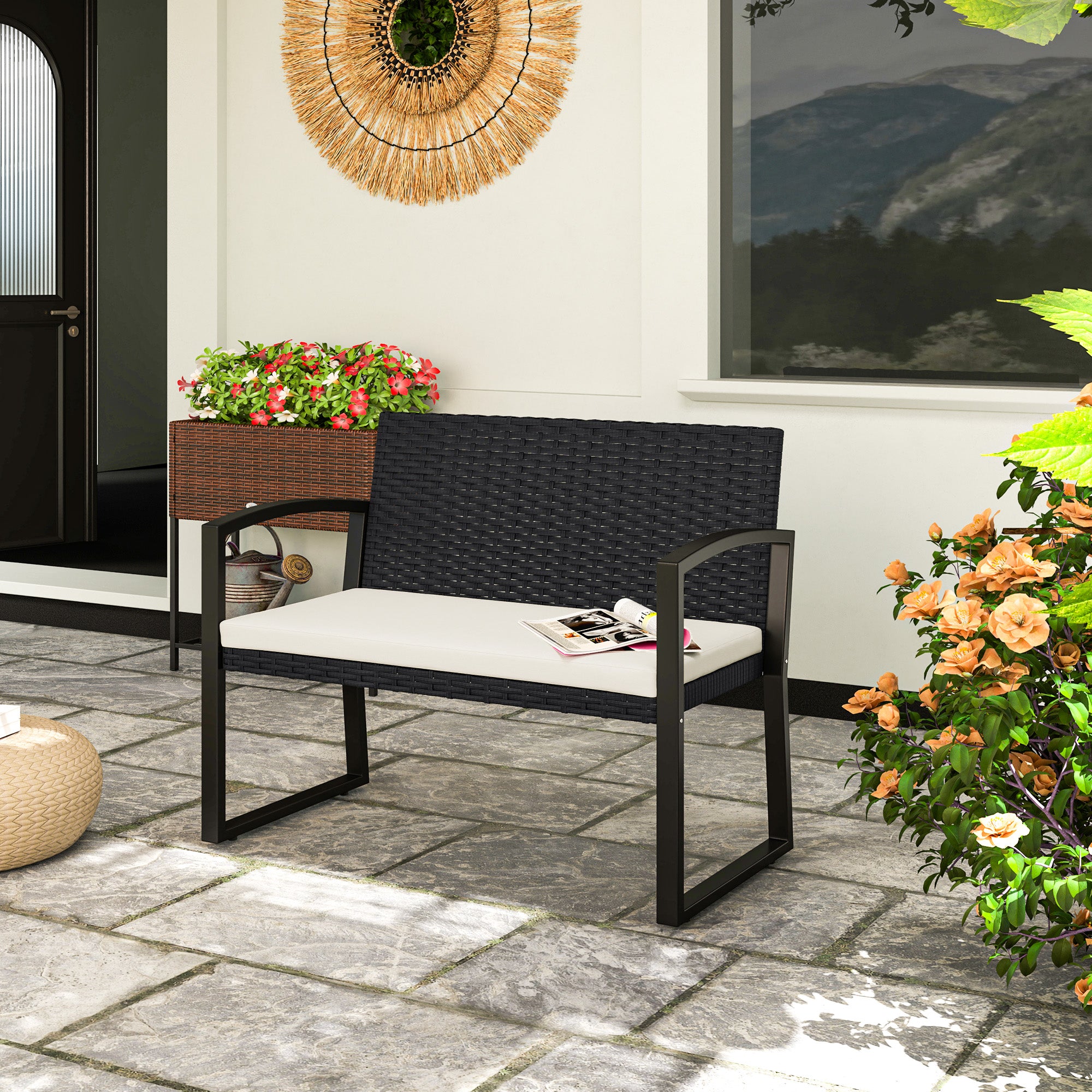 Outsunny Banco de Jardín de Ratán Sintético de 2 Plazas Banco de Exterior con Cojín y Reposabrazos Carga 240 kg para Terraza Patio 103x58x78 cm Negro y Beige