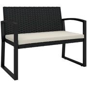 Outsunny Banco de Jardín de Ratán Sintético de 2 Plazas Banco de Exterior con Cojín y Reposabrazos Carga 240 kg para Terraza Patio 103x58x78 cm Negro y Beige