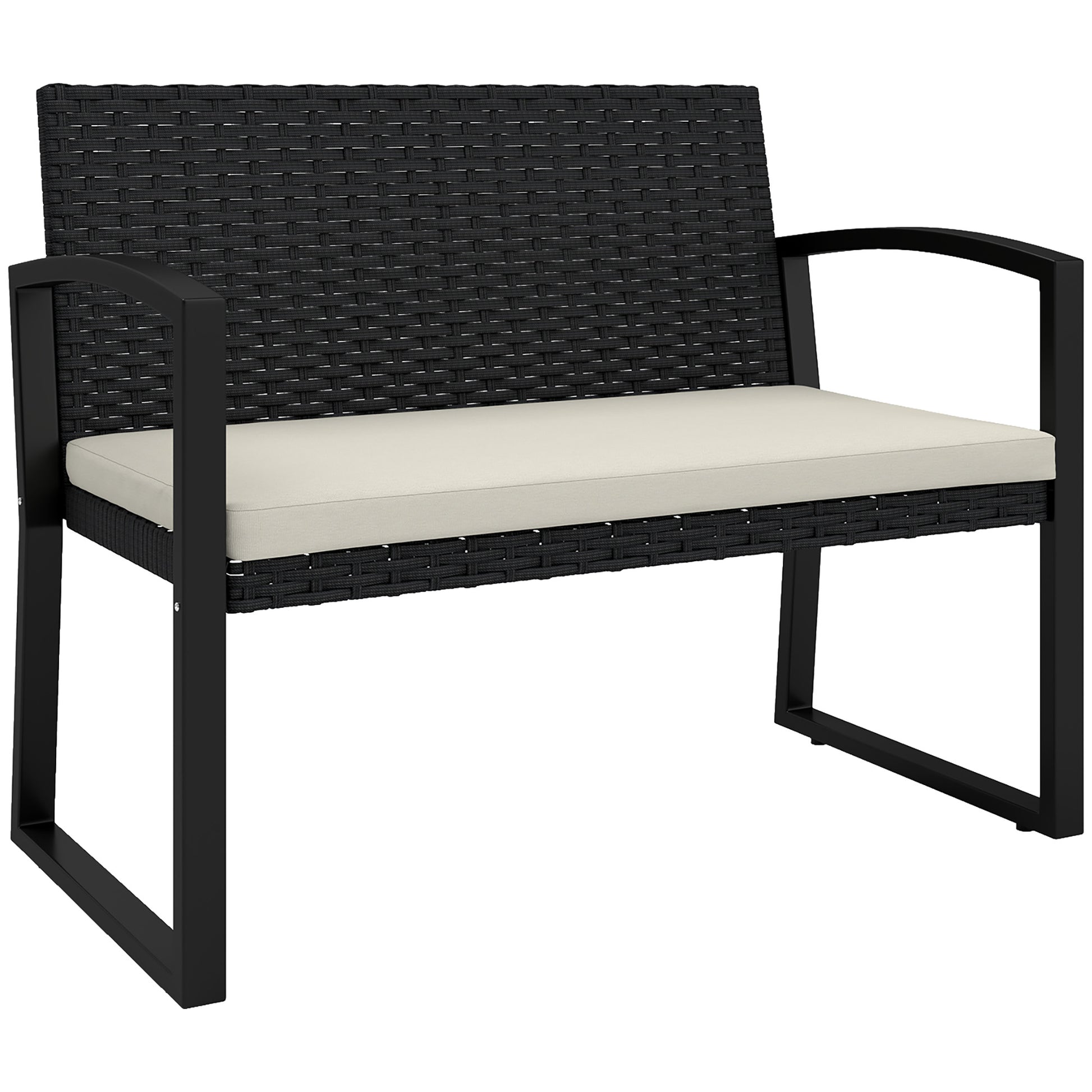 Outsunny Banco de Jardín de Ratán Sintético de 2 Plazas Banco de Exterior con Cojín y Reposabrazos Carga 240 kg para Terraza Patio 103x58x78 cm Negro y Beige