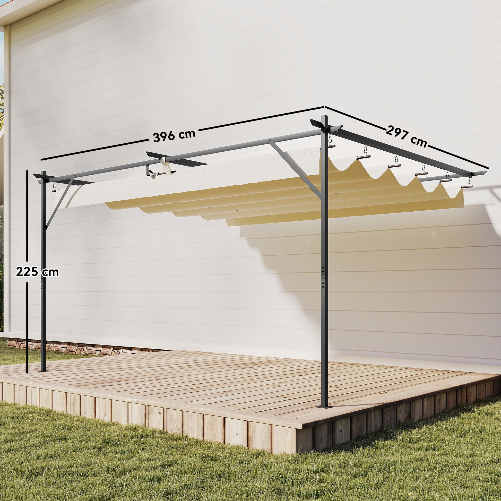 Outsunny Pérgola de Pared de Jardín 4x3 m, Cenador de Jardín con Techo Retráctil, Protección UPF30+, Orificios de Drenaje y Estructura Metálica, Pabellón para Patio, Terraza, Exterior, Blanco Crema