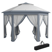 Outsunny Carpa Plegable 4x3,4 m, Cenador de Jardín Hexagonal con Doble Techo, 6 Mosquiteras Extraíbles y Bolsa de Transporte, Impermeable, Anti-UV para Exterior, Fiestas, Gris