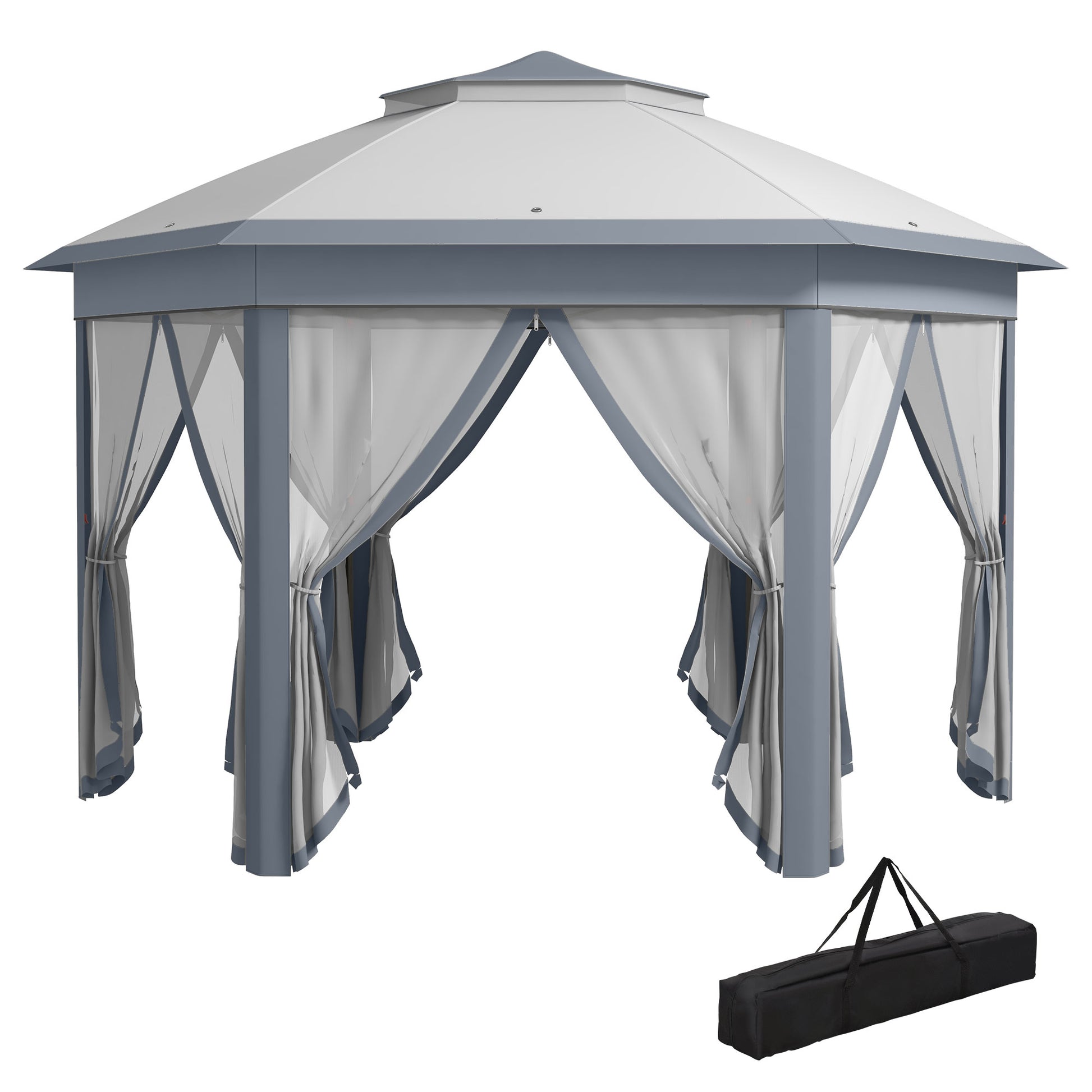 Outsunny Carpa Plegable 4x3,4 m, Cenador de Jardín Hexagonal con Doble Techo, 6 Mosquiteras Extraíbles y Bolsa de Transporte, Impermeable, Anti-UV para Exterior, Fiestas, Gris