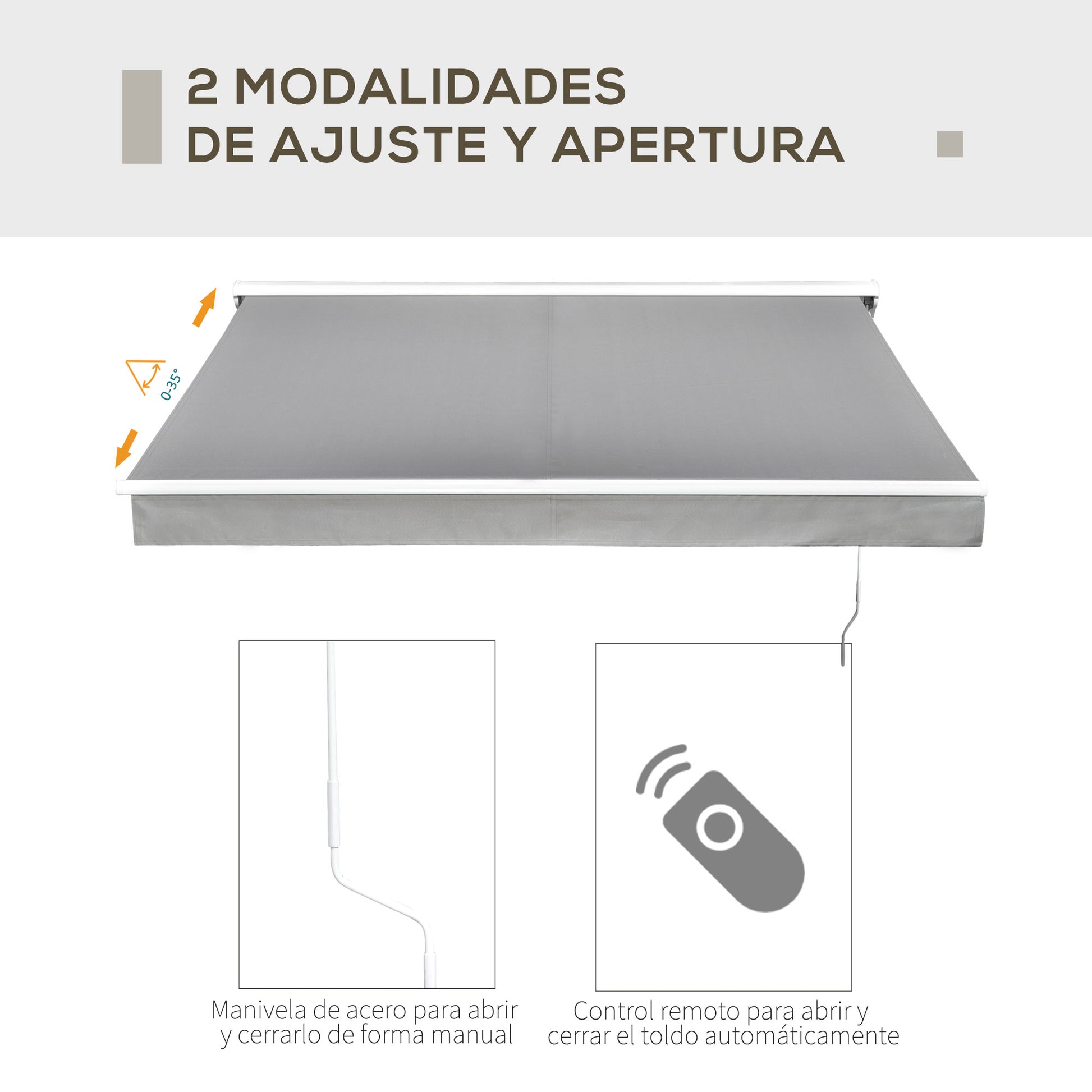 Outsunny Toldo Retráctil de Pared 250x200 cm Automática y Manual con Manivela y Mando a Distancia Luces LED Ajustable en Ángulo para Exterior Balcón Jardín Terraza Aluminio Gris