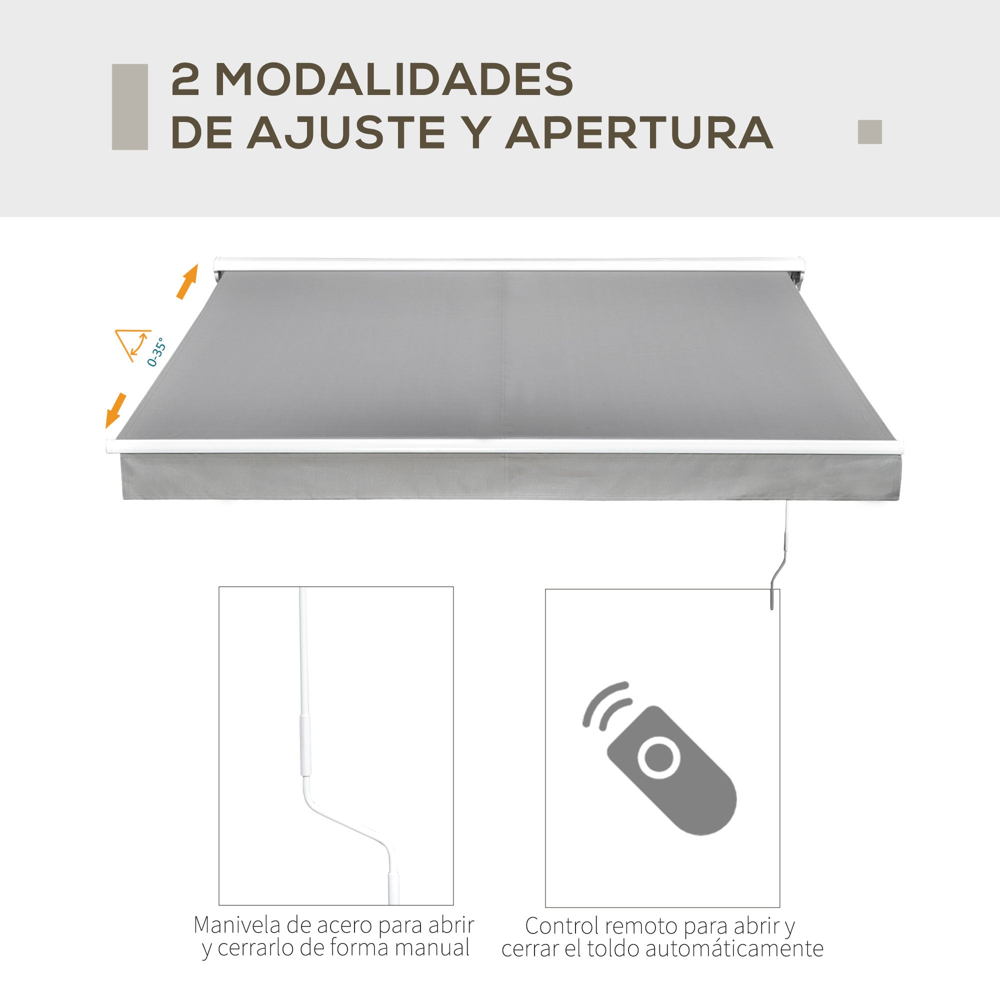 Outsunny Toldo Retráctil de Pared 250x200 cm Automática y Manual con Manivela y Mando a Distancia Luces LED Ajustable en Ángulo para Exterior Balcón Jardín Terraza Aluminio Gris
