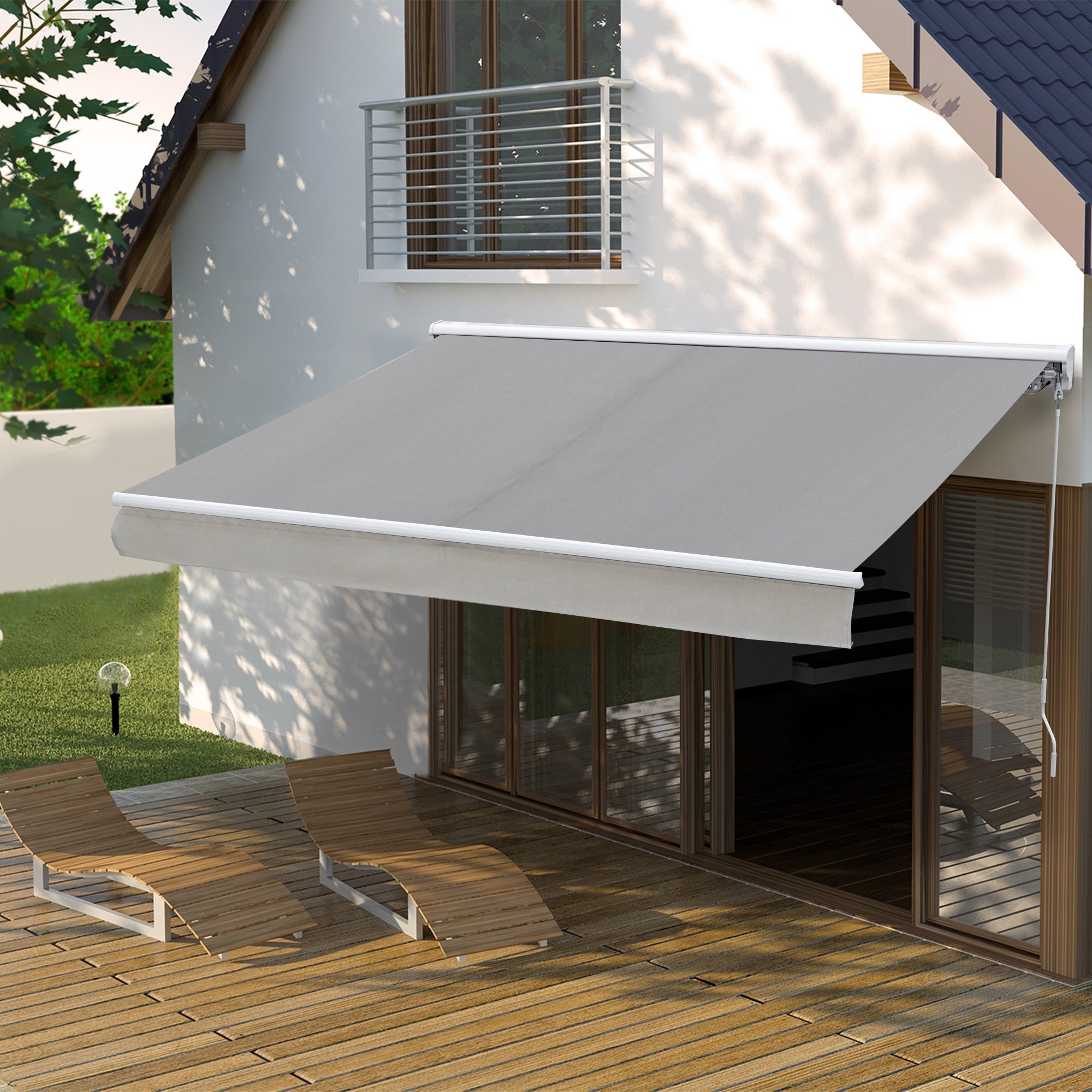 Outsunny Toldo Retráctil de Pared 250x200 cm Automática y Manual con Manivela y Mando a Distancia Luces LED Ajustable en Ángulo para Exterior Balcón Jardín Terraza Aluminio Gris