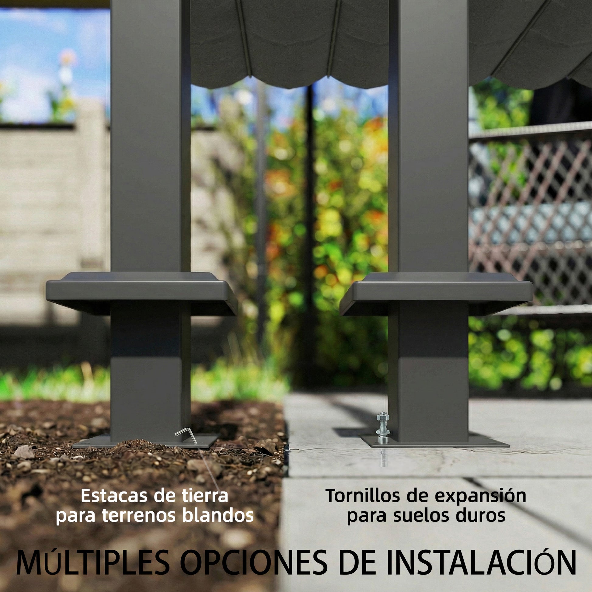 Outsunny Pérgola de Pared de Jardín 3x3 m, Cenador de Jardín con Techo Retráctil, Protección UPF30+, Orificios de Drenaje y Estructura de Acero, Pabellón para Patio, Terraza, Exterior, Gris Oscuro