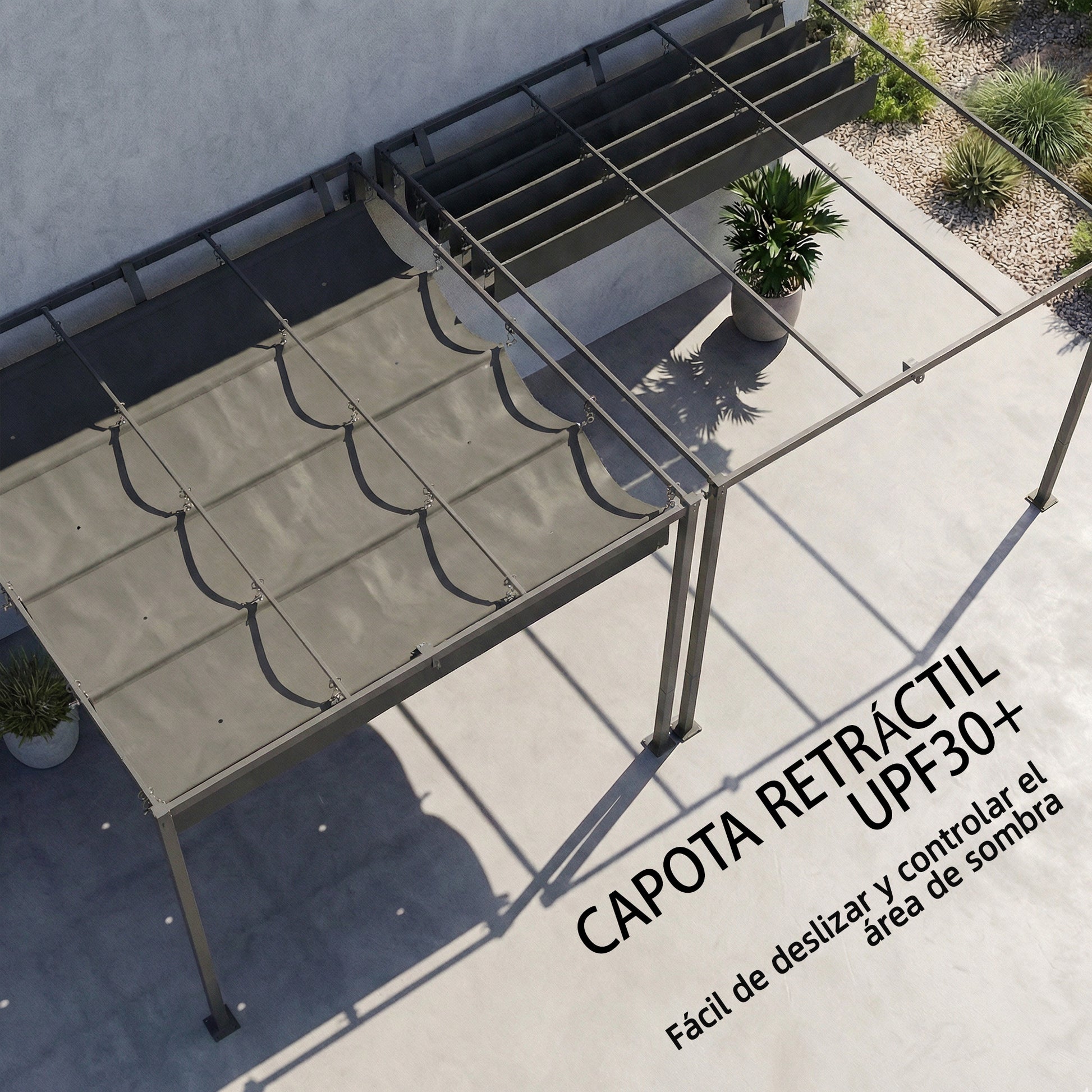 Outsunny Pérgola de Pared de Jardín 3x3 m, Cenador de Jardín con Techo Retráctil, Protección UPF30+, Orificios de Drenaje y Estructura de Acero, Pabellón para Patio, Terraza, Exterior, Gris Oscuro