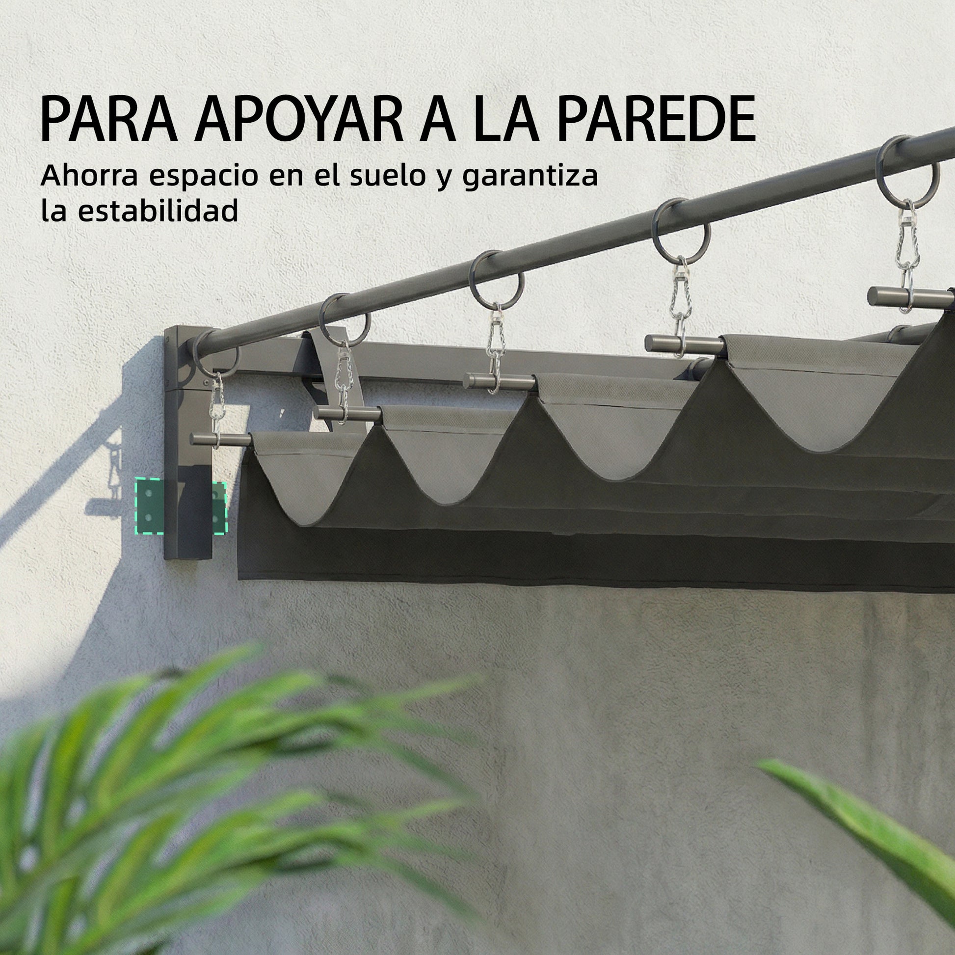 Outsunny Pérgola de Pared de Jardín 3x3 m, Cenador de Jardín con Techo Retráctil, Protección UPF30+, Orificios de Drenaje y Estructura de Acero, Pabellón para Patio, Terraza, Exterior, Gris Oscuro