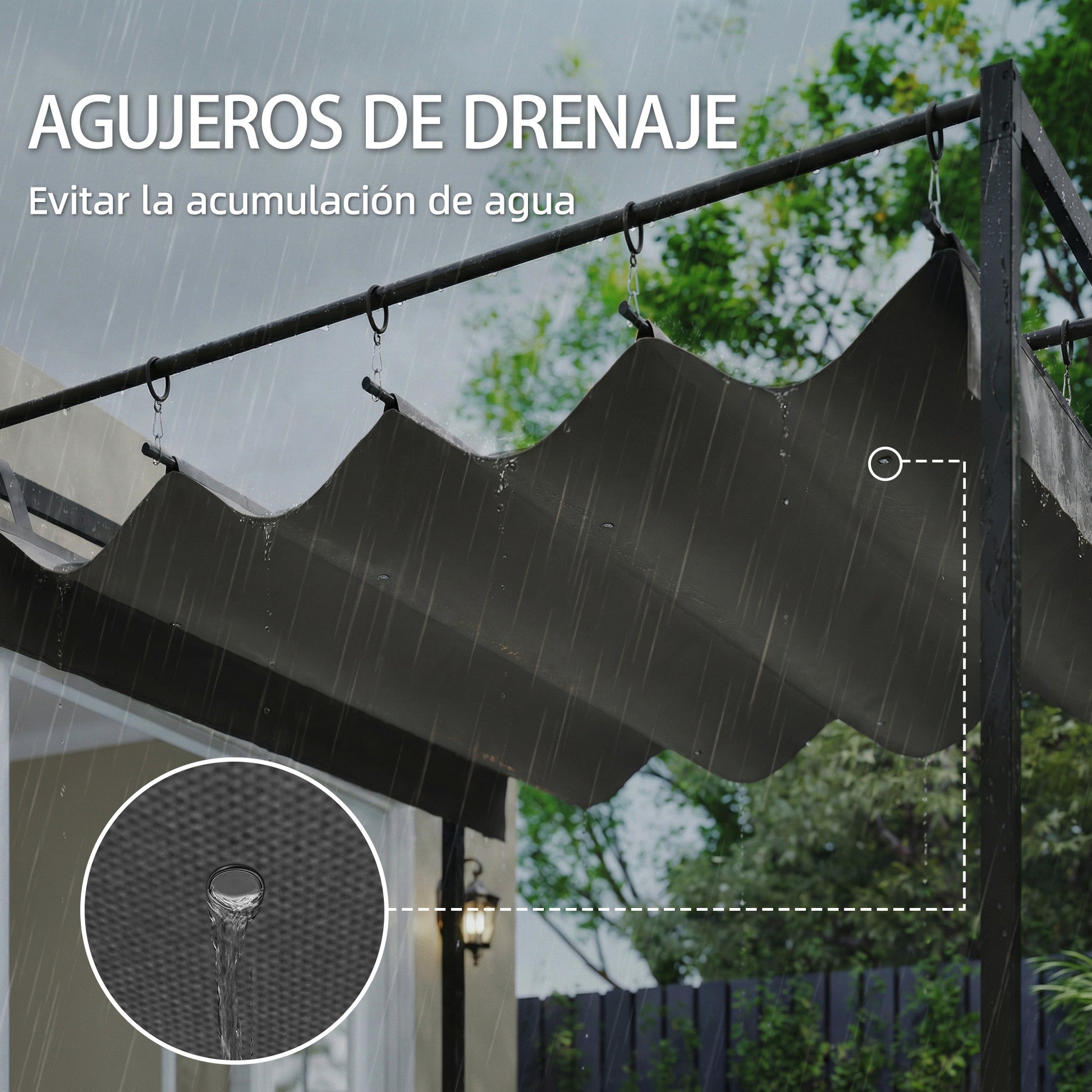 Outsunny Pérgola de Pared de Jardín 3x3 m, Cenador de Jardín con Techo Retráctil, Protección UPF30+, Orificios de Drenaje y Estructura de Acero, Pabellón para Patio, Terraza, Exterior, Gris Oscuro