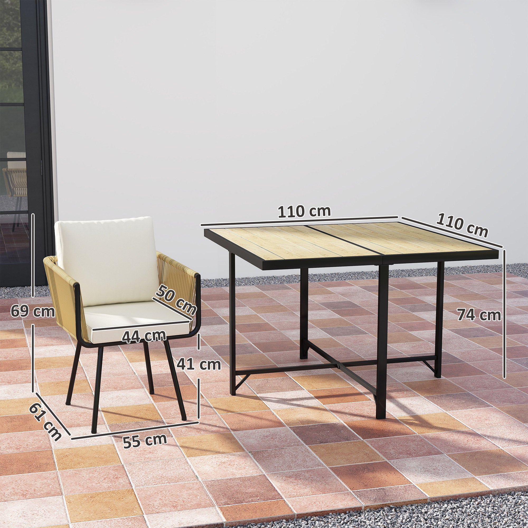 Outsunny Conjunto de Mesa y Sillas Jardín de Ratán de 5 Piezas, Muebles Jardín Exterior con Mesa de Plástico-Madera y 4 Sillas con Cojines Extraíbles, Marco de Metal Resistente para Terraza, Beige