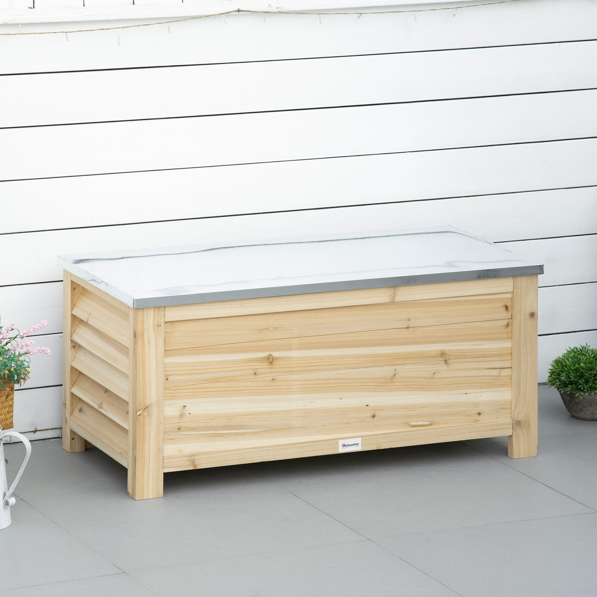 Outsunny Arcón de Jardín Exterior Carga 155L Baúl de Almacenaje Exterior de Madera con Tapa de Metal Galvanizado y Diseño con Listones para Jardín Terraza Balcón 110x50x50 cm Natural