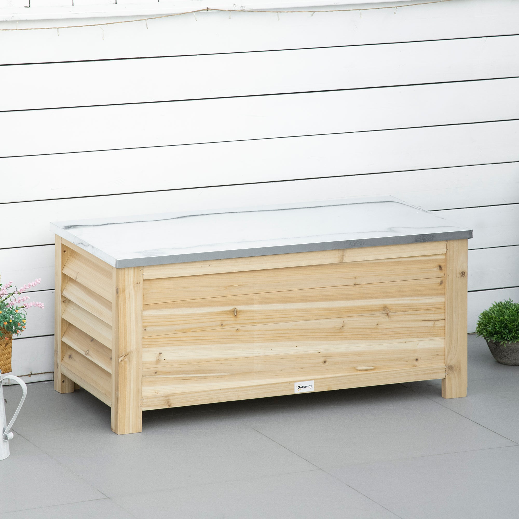 Outsunny Arcón de Jardín Exterior Carga 155L Baúl de Almacenaje Exterior de Madera con Tapa de Metal Galvanizado y Diseño con Listones para Jardín Terraza Balcón 110x50x50 cm Natural