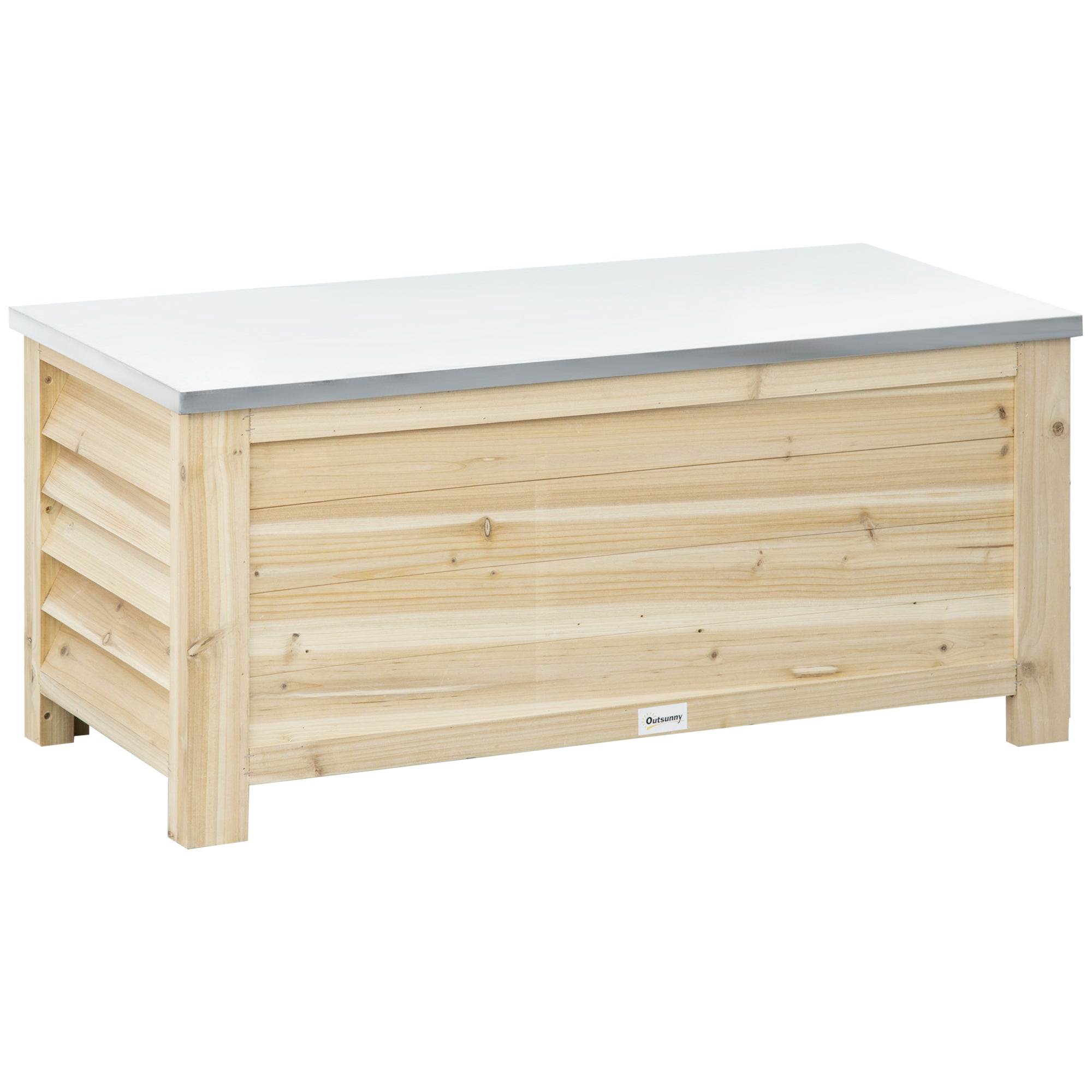 Outsunny Arcón de Jardín Exterior Carga 155L Baúl de Almacenaje Exterior de Madera con Tapa de Metal Galvanizado y Diseño con Listones para Jardín Terraza Balcón 110x50x50 cm Natural