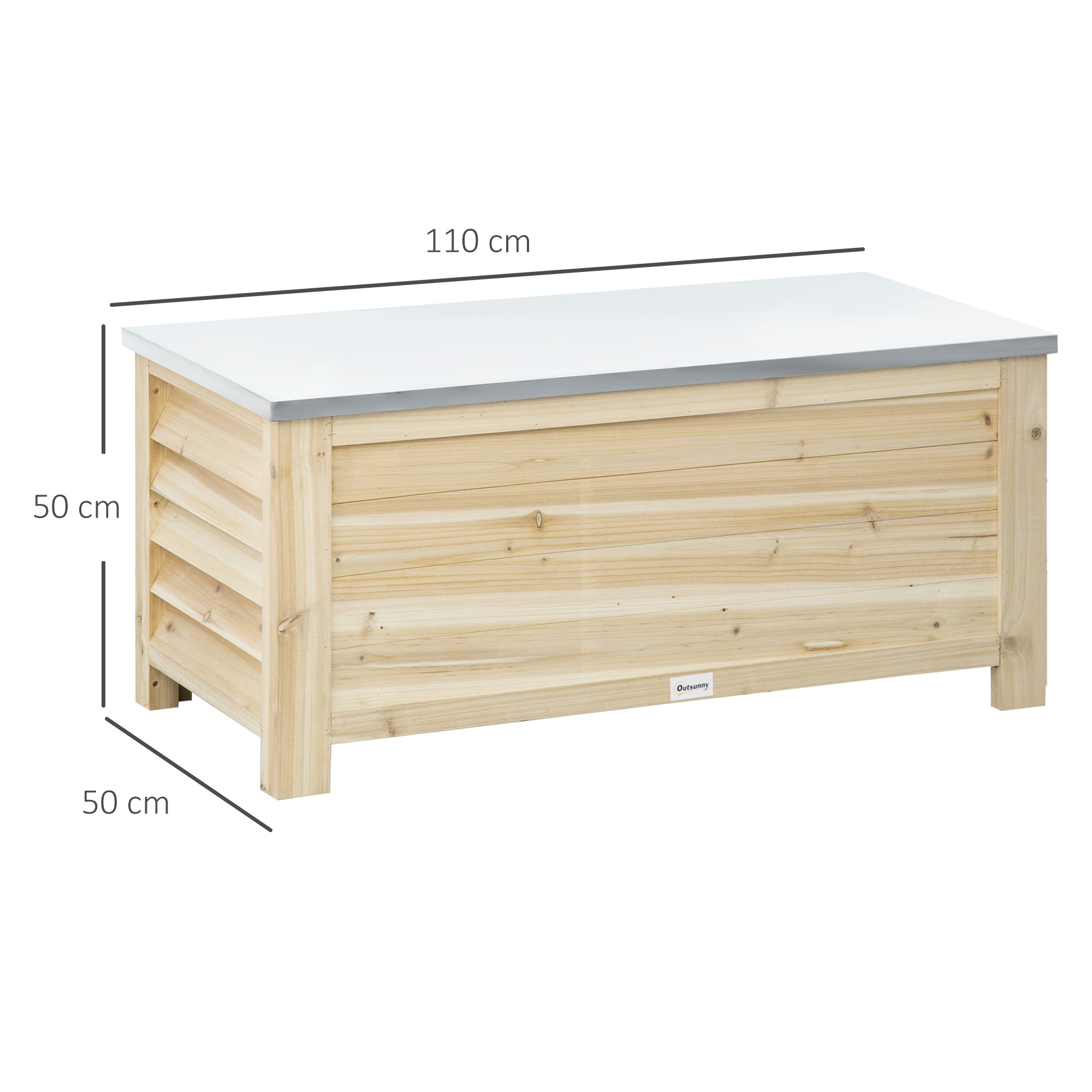 Outsunny Arcón de Jardín Exterior Carga 155L Baúl de Almacenaje Exterior de Madera con Tapa de Metal Galvanizado y Diseño con Listones para Jardín Terraza Balcón 110x50x50 cm Natural