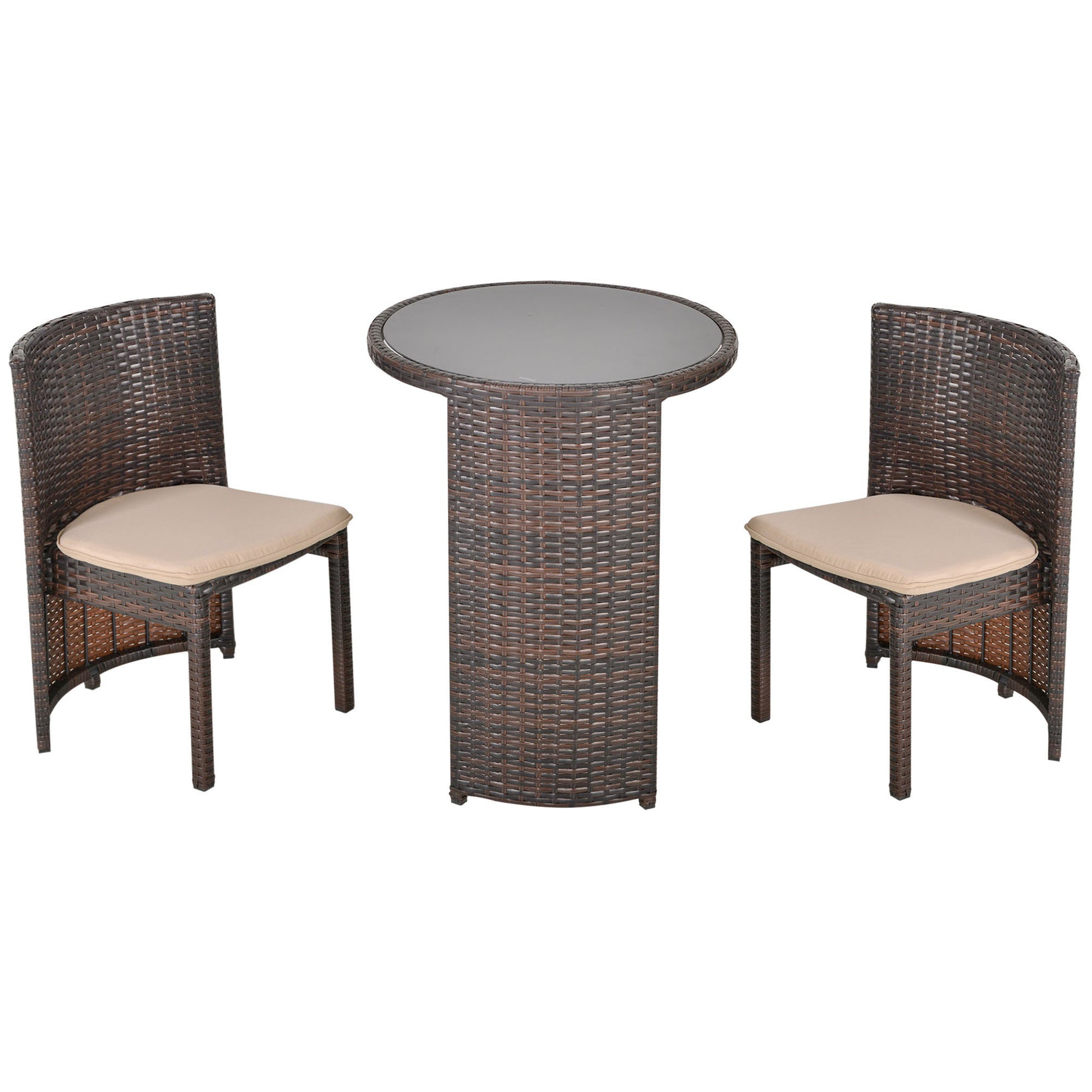 Outsunny Conjunto de Muebles Ratán de Jardín 3 Piezas con 1 Mesa de Café y 2 Sillas con Cojines para Terraza Exterior Fácil Almacenaje Acero Marrón
