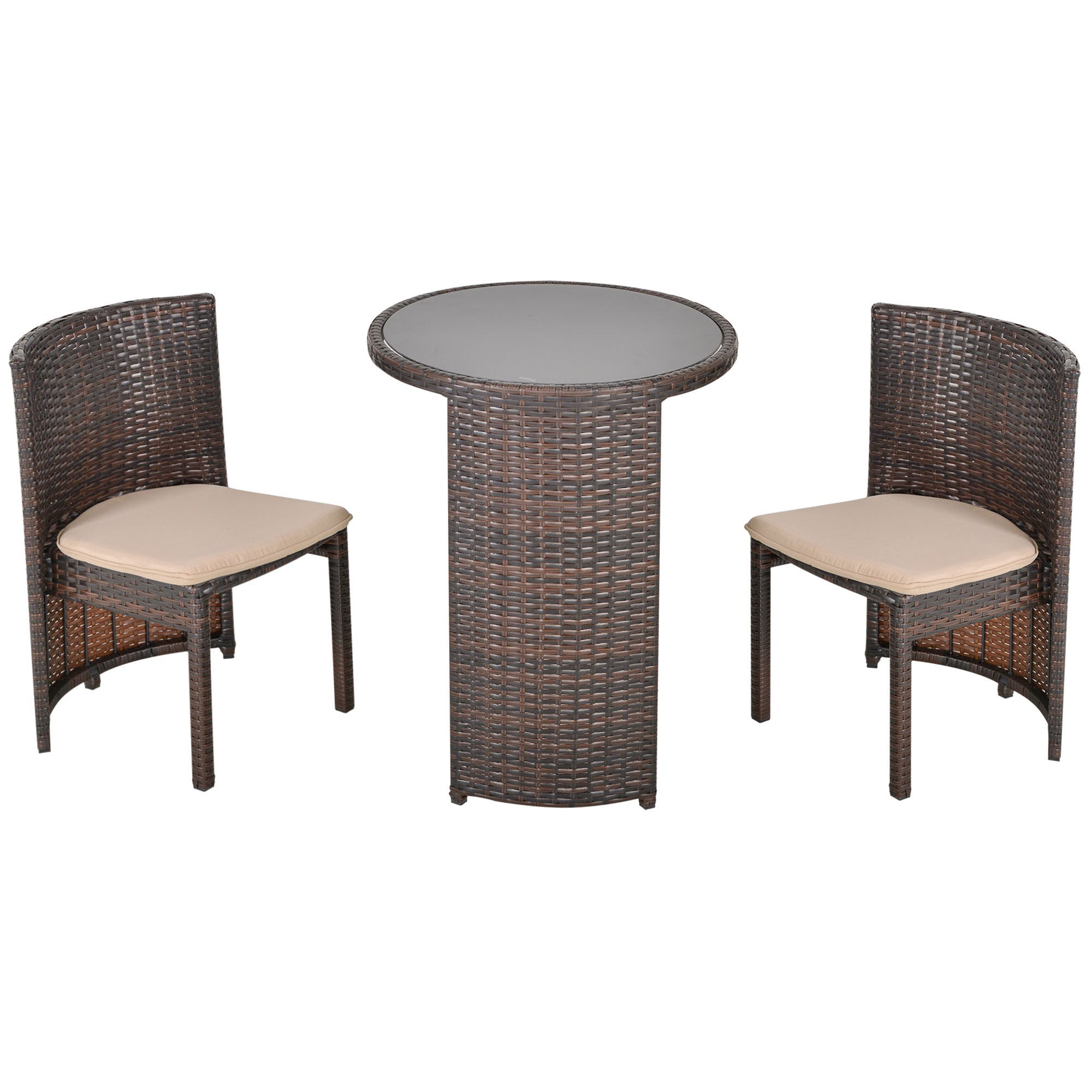 Outsunny Conjunto de Muebles Ratán de Jardín 3 Piezas con 1 Mesa de Café y 2 Sillas con Cojines para Terraza Exterior Fácil Almacenaje Acero Marrón