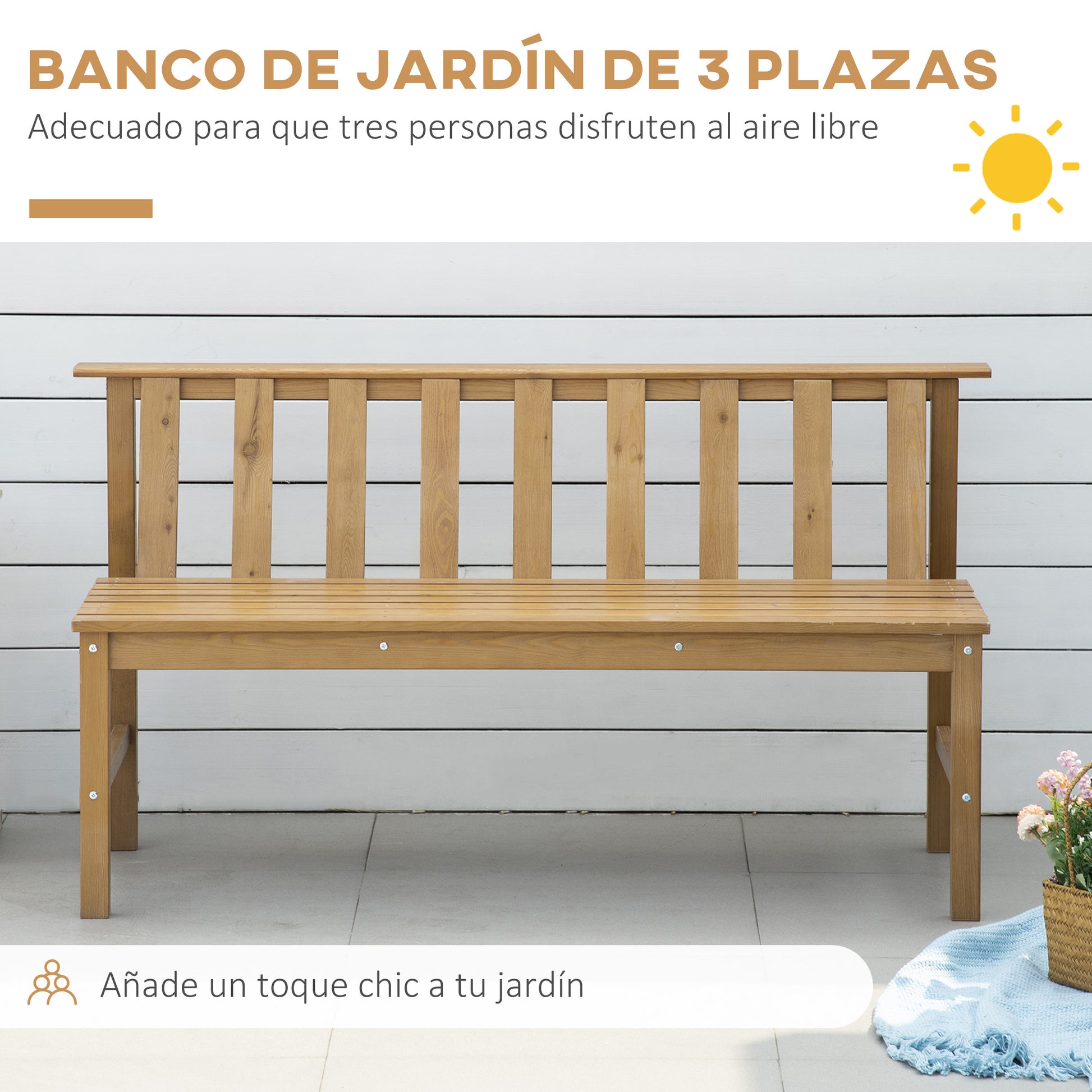 Outsunny Banco de Jardín de 3 Plazas Banco Exterior de Madera con Respaldo de Listones para Terraza Patio Balcón Carga 360 kg 144x60x77 cm Natural