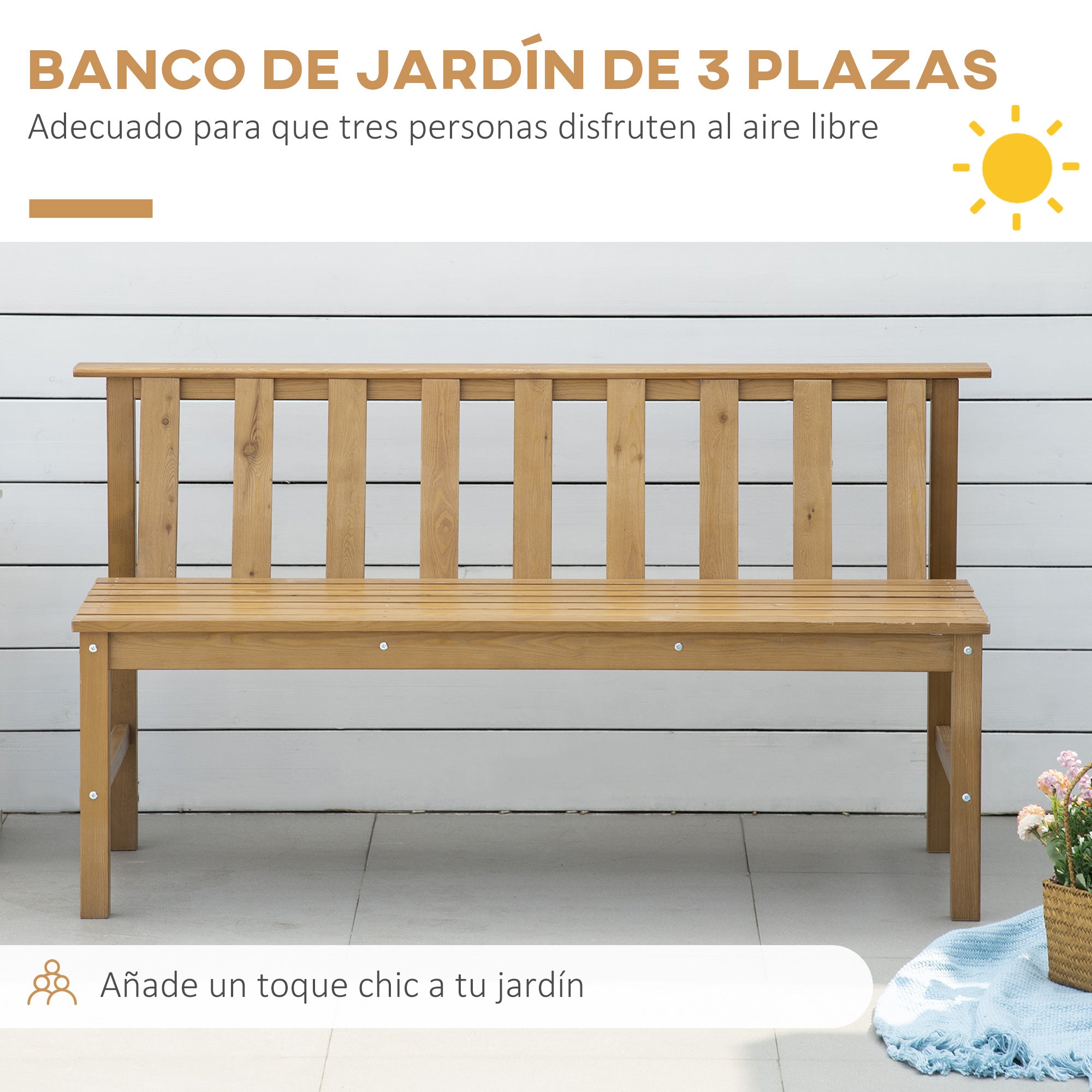 Outsunny Banco de Jardín de 3 Plazas Banco Exterior de Madera con Respaldo de Listones para Terraza Patio Balcón Carga 360 kg 144x60x77 cm Natural