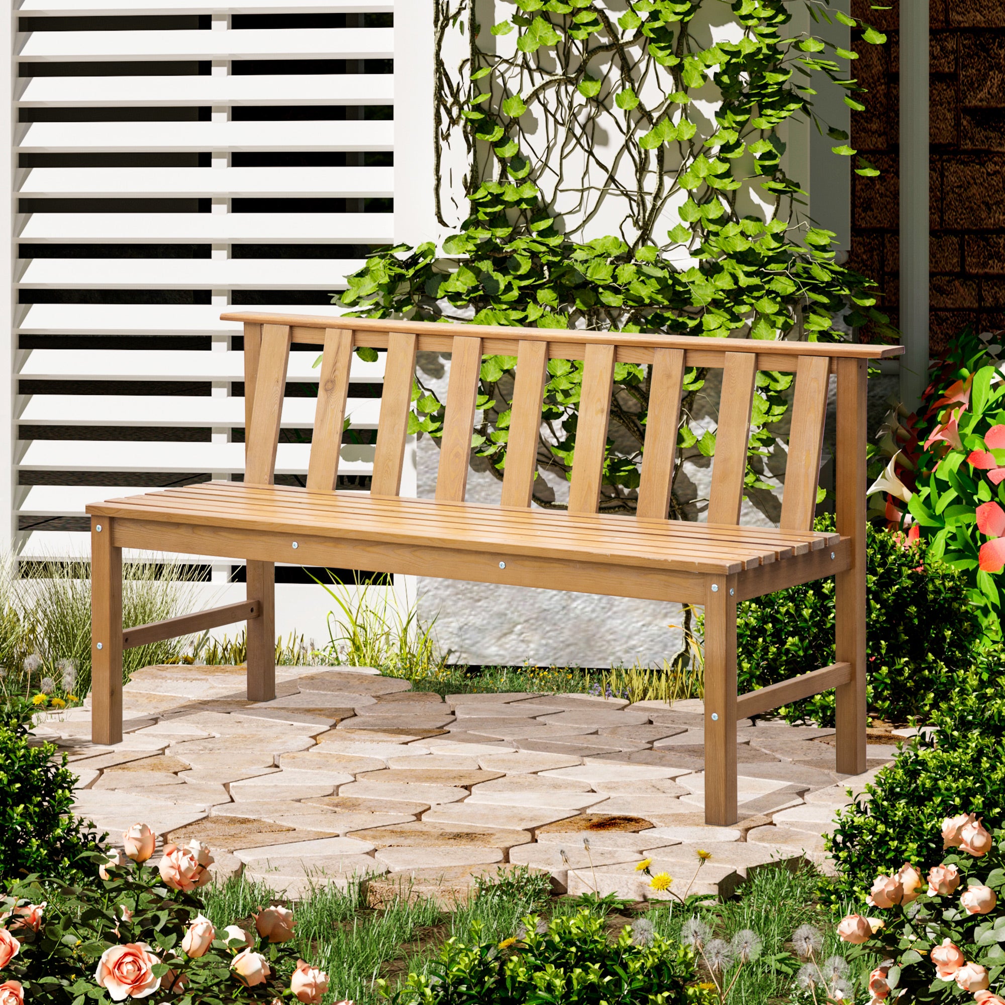 Outsunny Banco de Jardín de 3 Plazas Banco Exterior de Madera con Respaldo de Listones para Terraza Patio Balcón Carga 360 kg 144x60x77 cm Natural