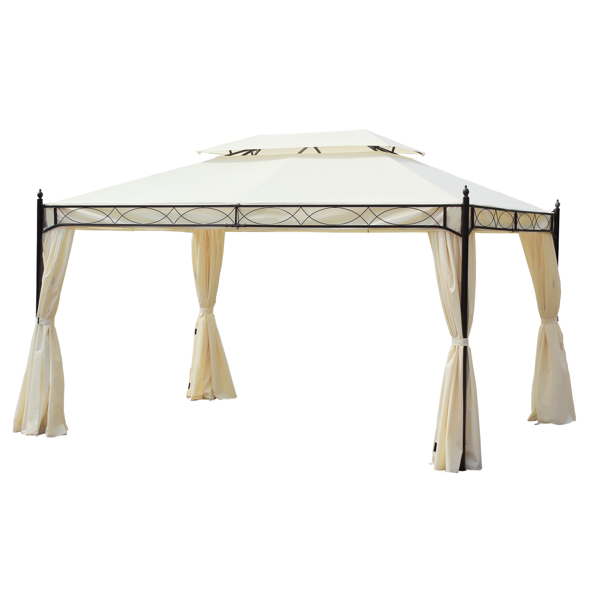 Outsunny Cenador de Jardín 4x3 m, Pabellón de Jardín Gazebo con Doble Techo, 4 Cortinas, Marco de Acero, 8 Orificios de Drenaje, Anti-UV, Carpa para Exterior, Terraza, Patio, Blanco Crema