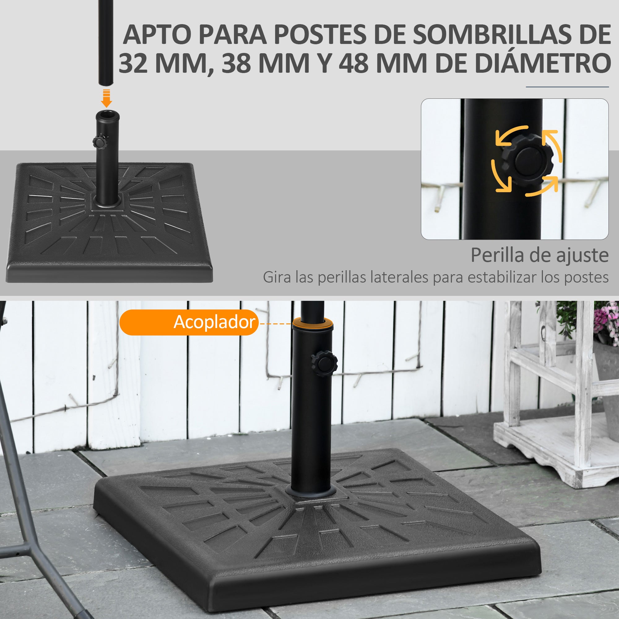 Outsunny Base de Sombrilla de Resina 19 kg Soporte para Parasol Pie de Parasol para Mástil de Ø32/38/48 mm para Jardín Terraza Patio 51x51x32 cm Negro