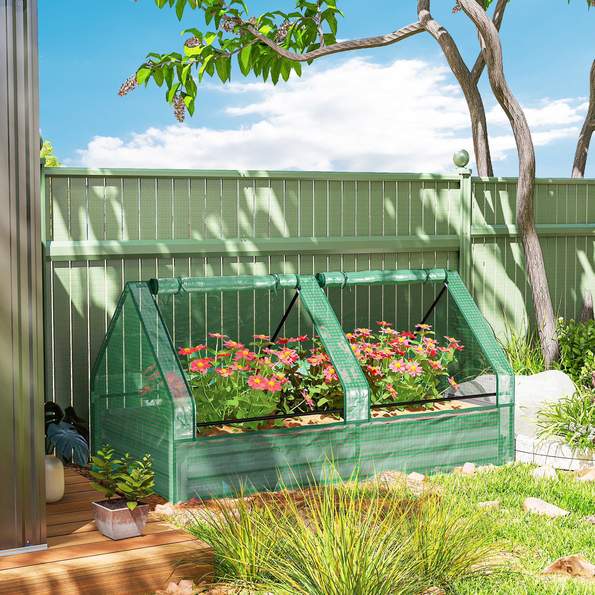 Outsunny Jardinera Exterior Grande con Mini Invernadero, Huerto Urbano de Acero Galvanizado con Base Abierta, Resistente a la Intemperie, para Patio, Terraza, Balcón, 185x95x92 cm, Gris y Verde