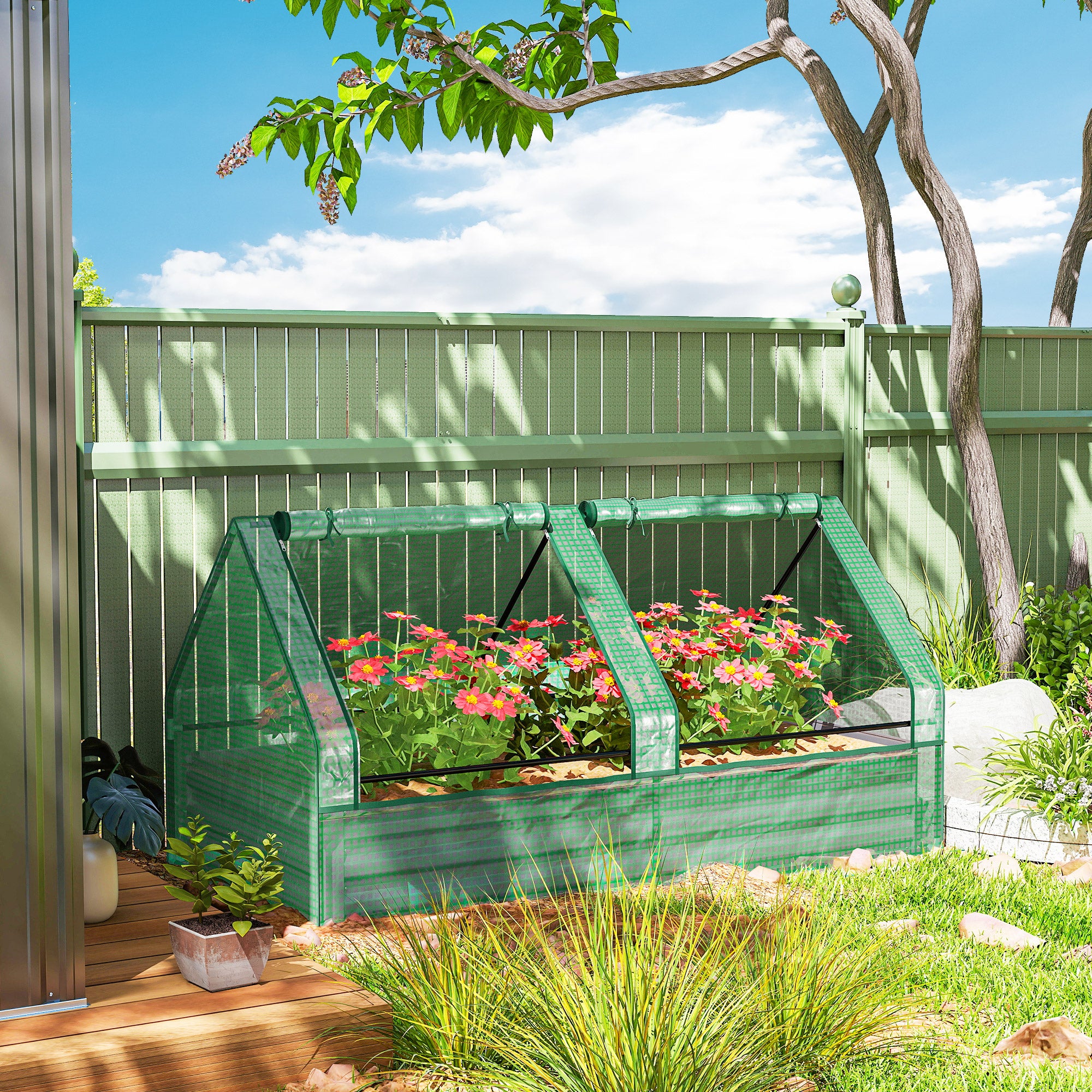 Outsunny Jardinera Exterior Grande con Mini Invernadero, Huerto Urbano de Acero Galvanizado con Base Abierta, Resistente a la Intemperie, para Patio, Terraza, Balcón, 185x95x92 cm, Gris y Verde