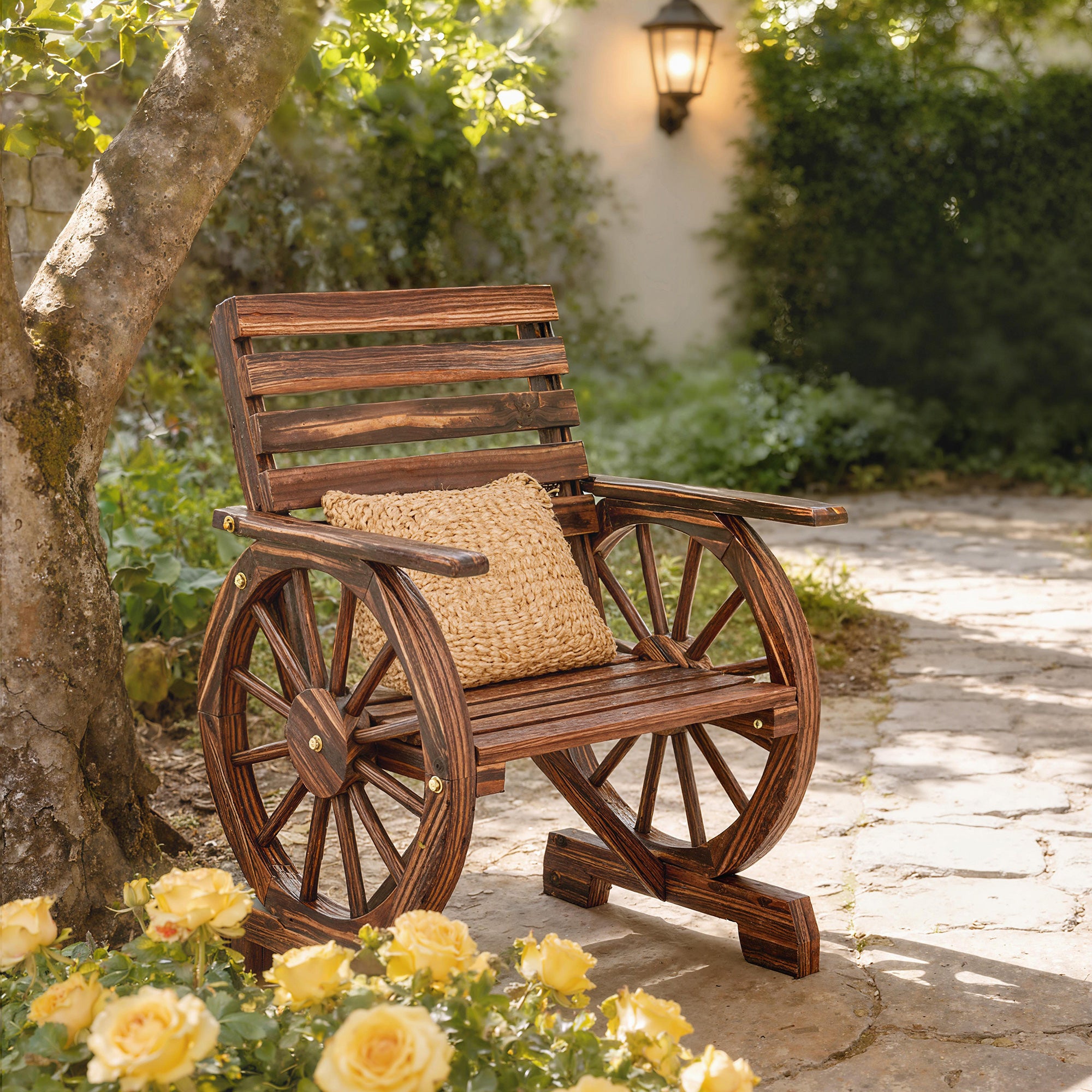 Outsunny Silla de Jardín de Madera de 2 Plazas, Silla Asiento con Brazos de Rueda de Vagón, Respaldo Inclinado, Estilo Rústico, Carga 120 kg, para Patio, Terraza, Parque, 66x55x90 cm, Carbonizado