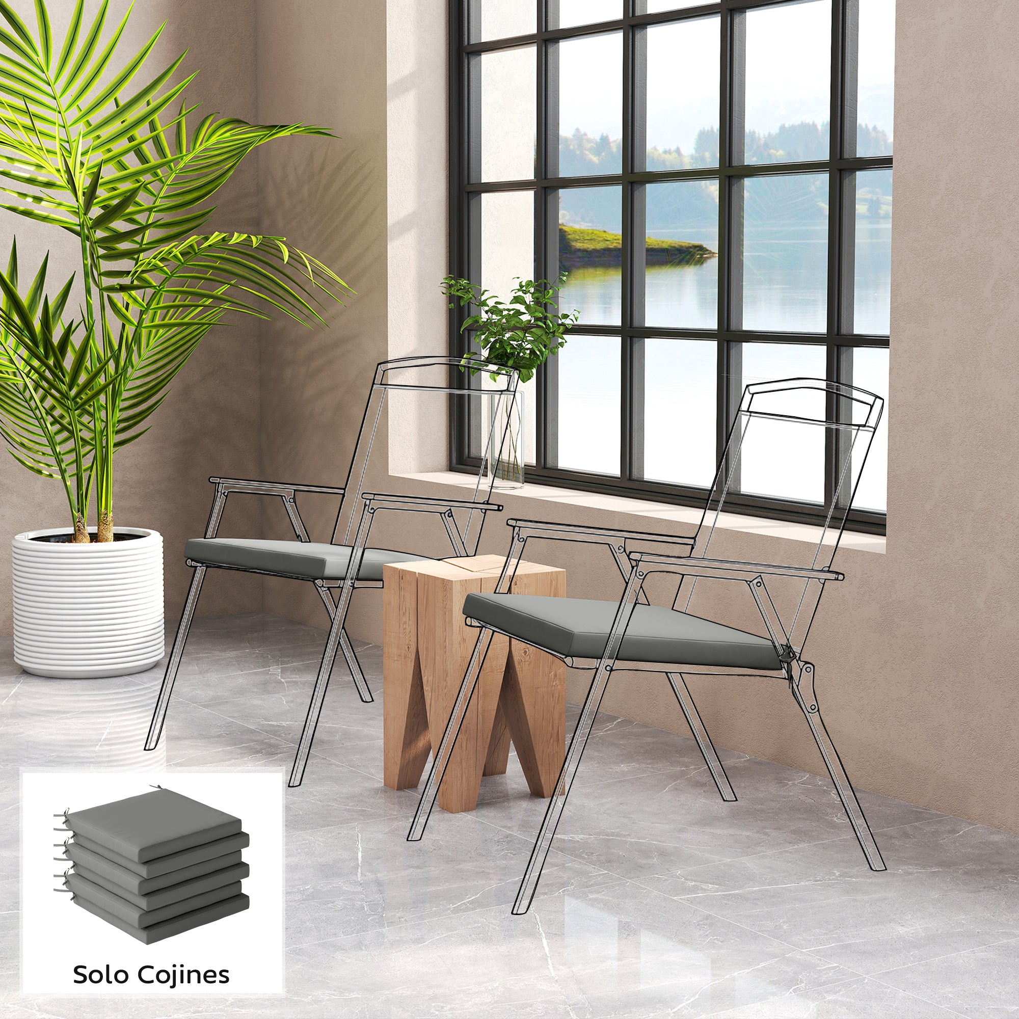 Outsunny Juego de Cojines para Sillas de Comedor, 46x42x7 cm, 6 Piezas, Cojines para Sillas de Jardín con Funda Lavable y Lazos, Impermeable y Anti-UV, Gris Oscuro