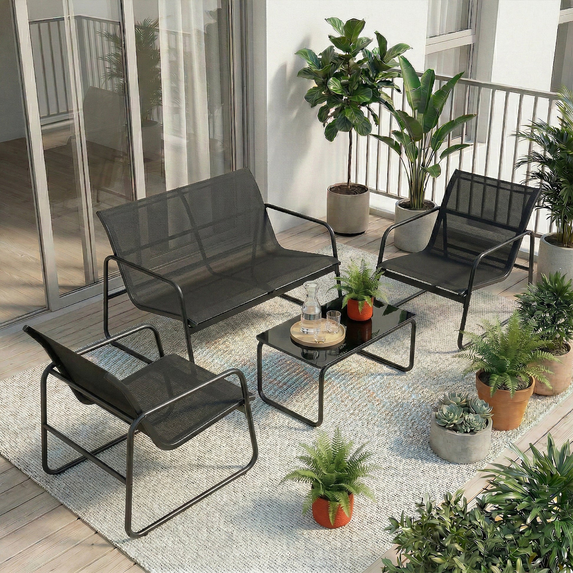Outsunny Conjunto Jardín Exterior de 4 Piezas, Muebles Jardín Exterior con Sofá de 2 Plazas, 2 Sillones, Mesa de Vidrio Templado, Tela de Textilene Transpirable, Estructura de Acero, Gris Oscuro